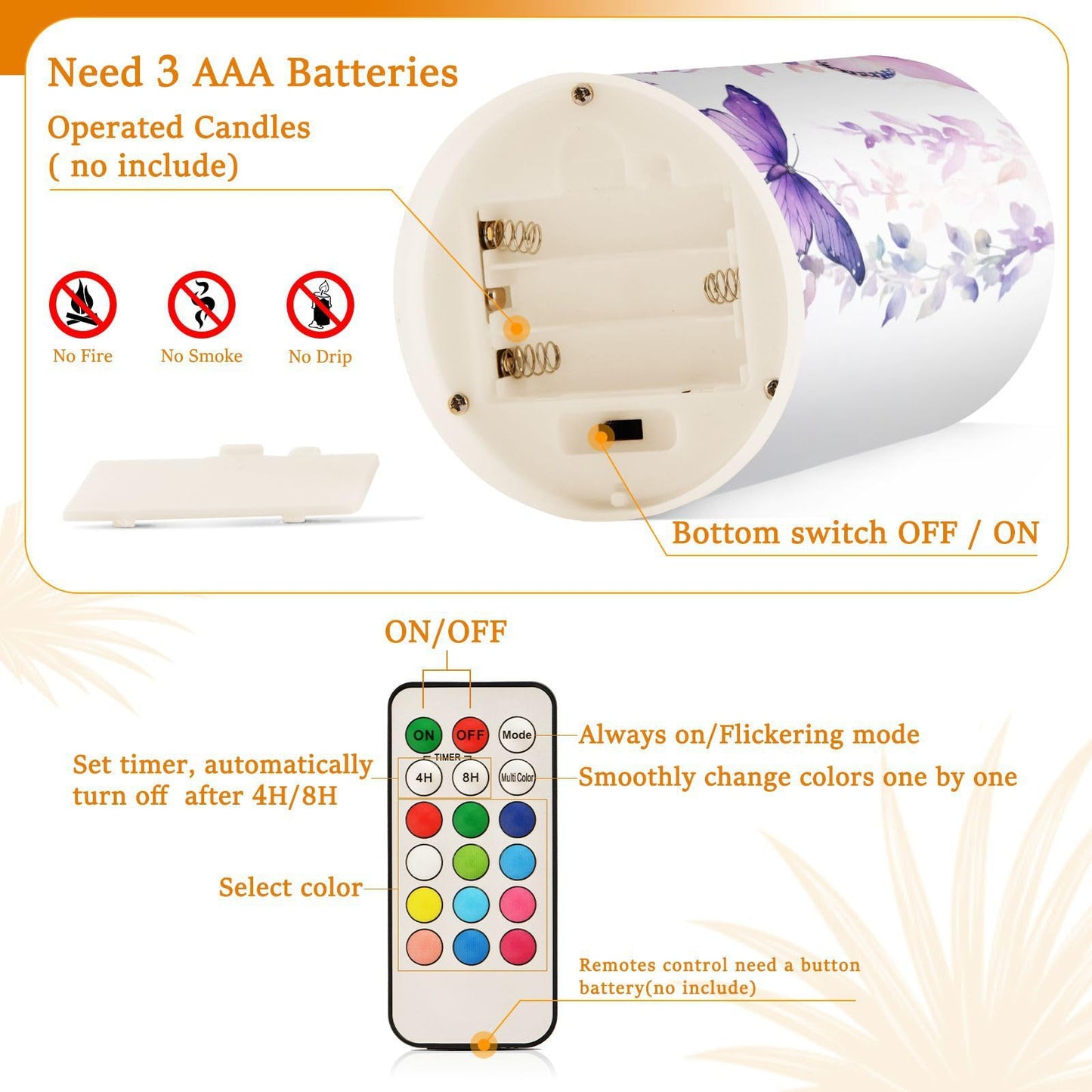Lights Flameless Candles Purple Butterfly Leaves Pillar Candles Set of 2 Battery Operated Remote Control Warm Lights Home Decor