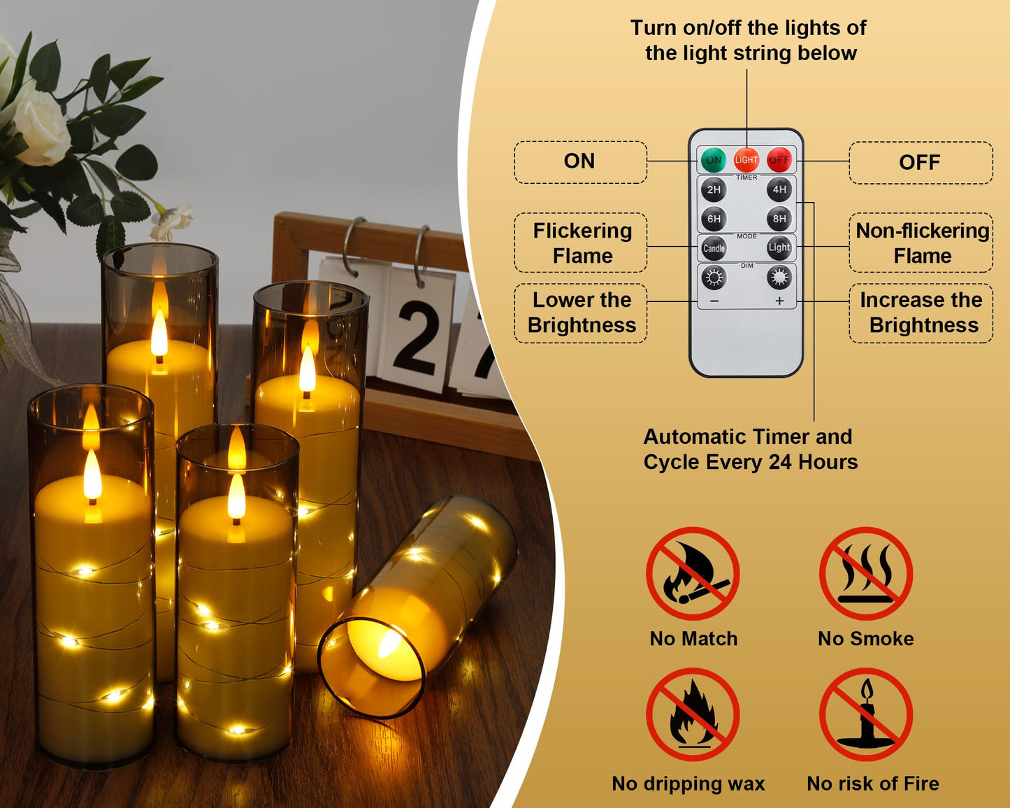 Enido Flameless LED Candles with Remote & Timer, Battery Operated Acrylic Pillar Set, 5 Pc Flickering Electric Lights with Embedded Star String for Cozy Home & Holiday Romantic Decor (Grey)