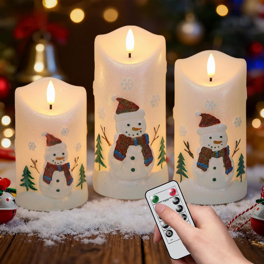DRomance Snowman Flameless Candles Battery Operated with Remote and Timer Real Wax 3D Wick Flickering LED Pillar Candles Color Painted Carved Snowflake Christmas Holiday Decor(3" D x 5", 6", 7" H)