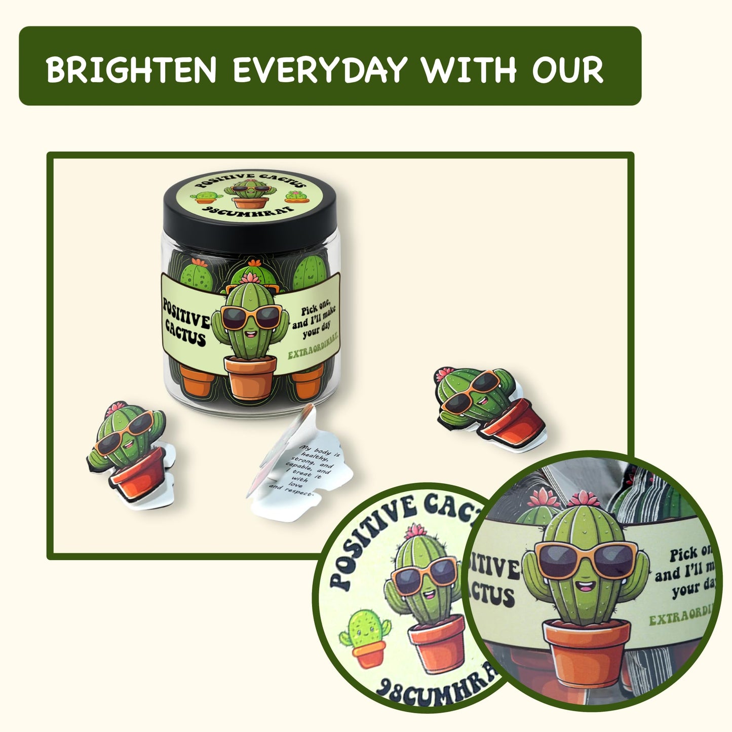 60 Positive Cactus Cards, Succulent, Positive Pickle Gifts for Women, Funny Pickle Gifts, Valentines Cards, Christmas Female - Birthday (Positive Cactus)
