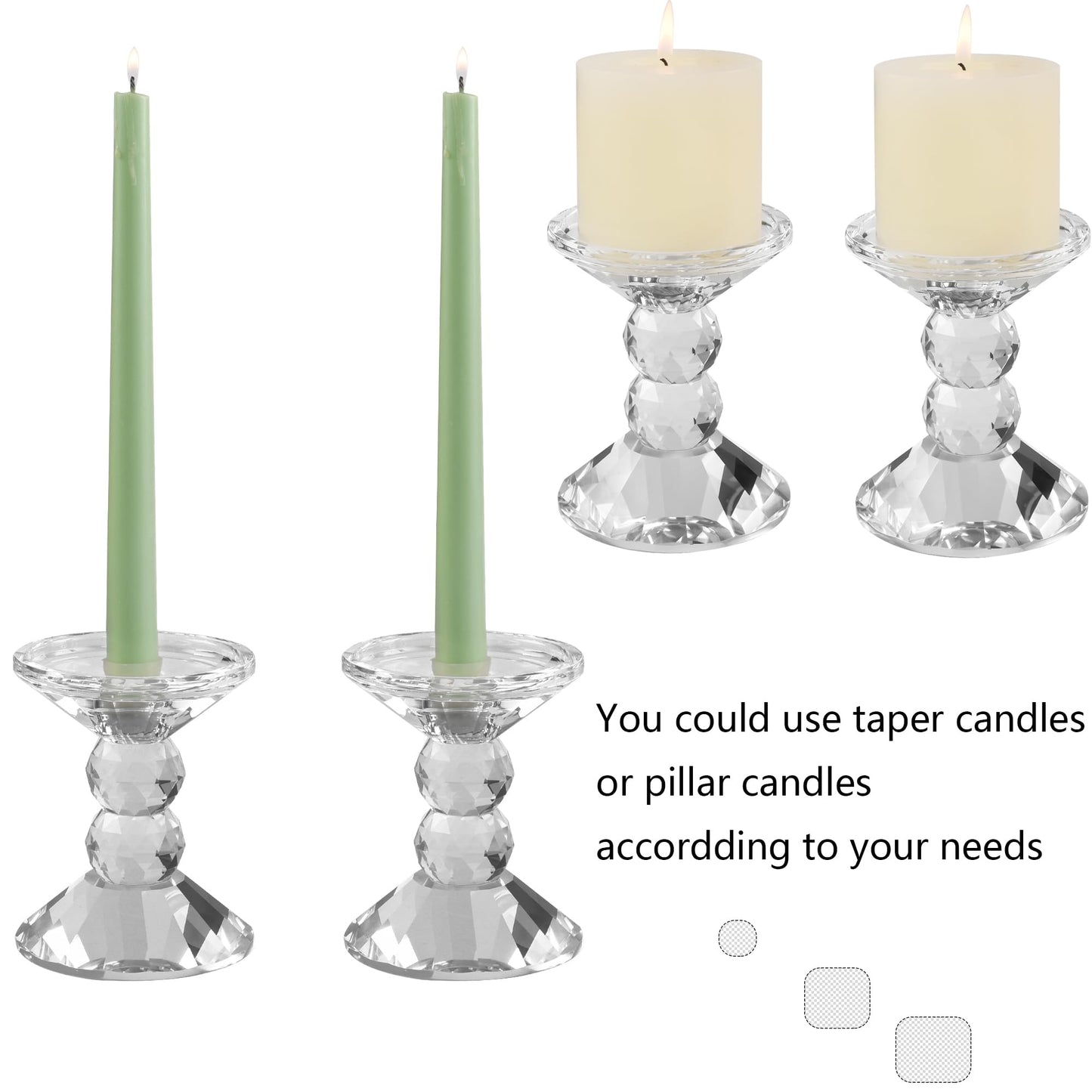DONOUCLS 2-Pack Crystal Candle Holders, Clear Crystal Taper or Pillar Candlesticks, Table Centerpiece Home Decor for Wedding, Dining, Party(4.9in Tall)