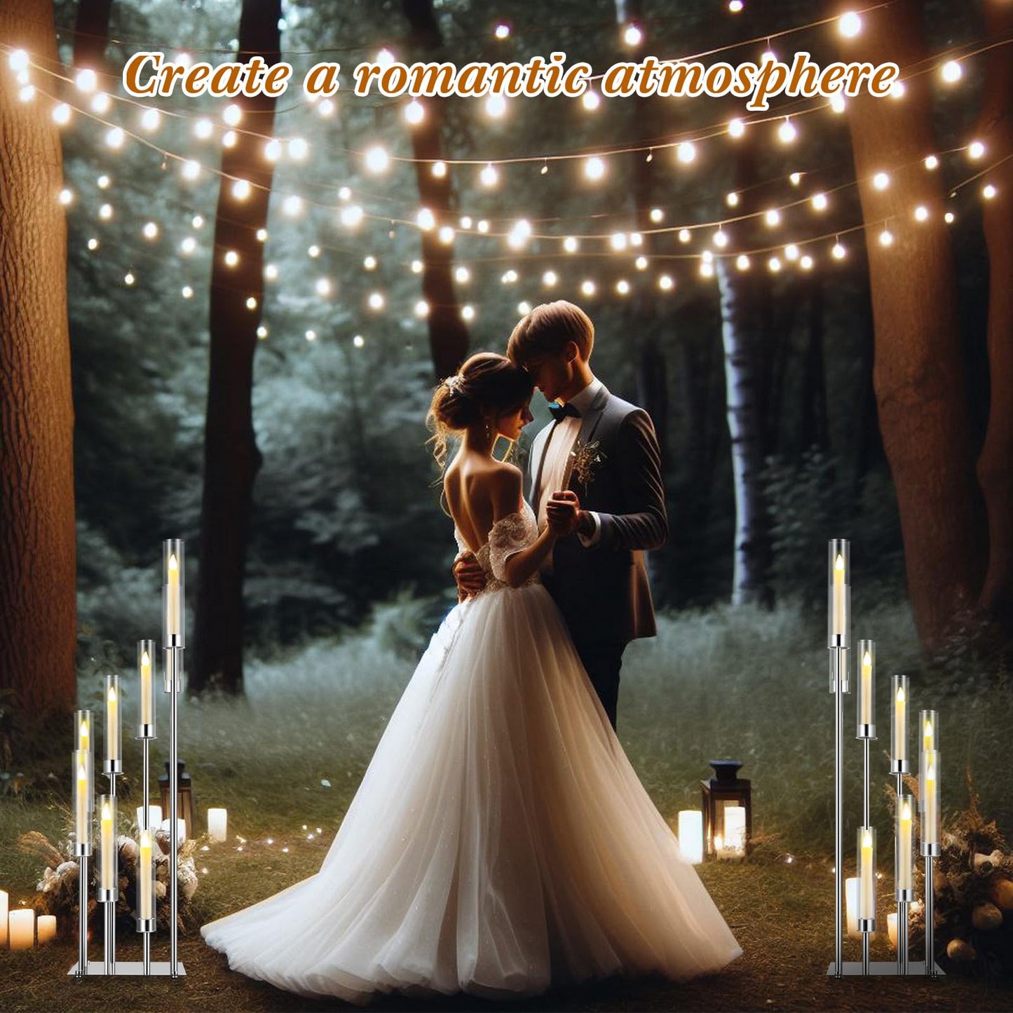 Dandat 41.5" Tall Floor Candelabras, 8-arm Cluster Standing Candle Holders with Clear Acrylic Shades, Silver Wedding Centerpiece Candelabra for Flameless/LED Taper Candles, Party & Event Decor(1 Pack)