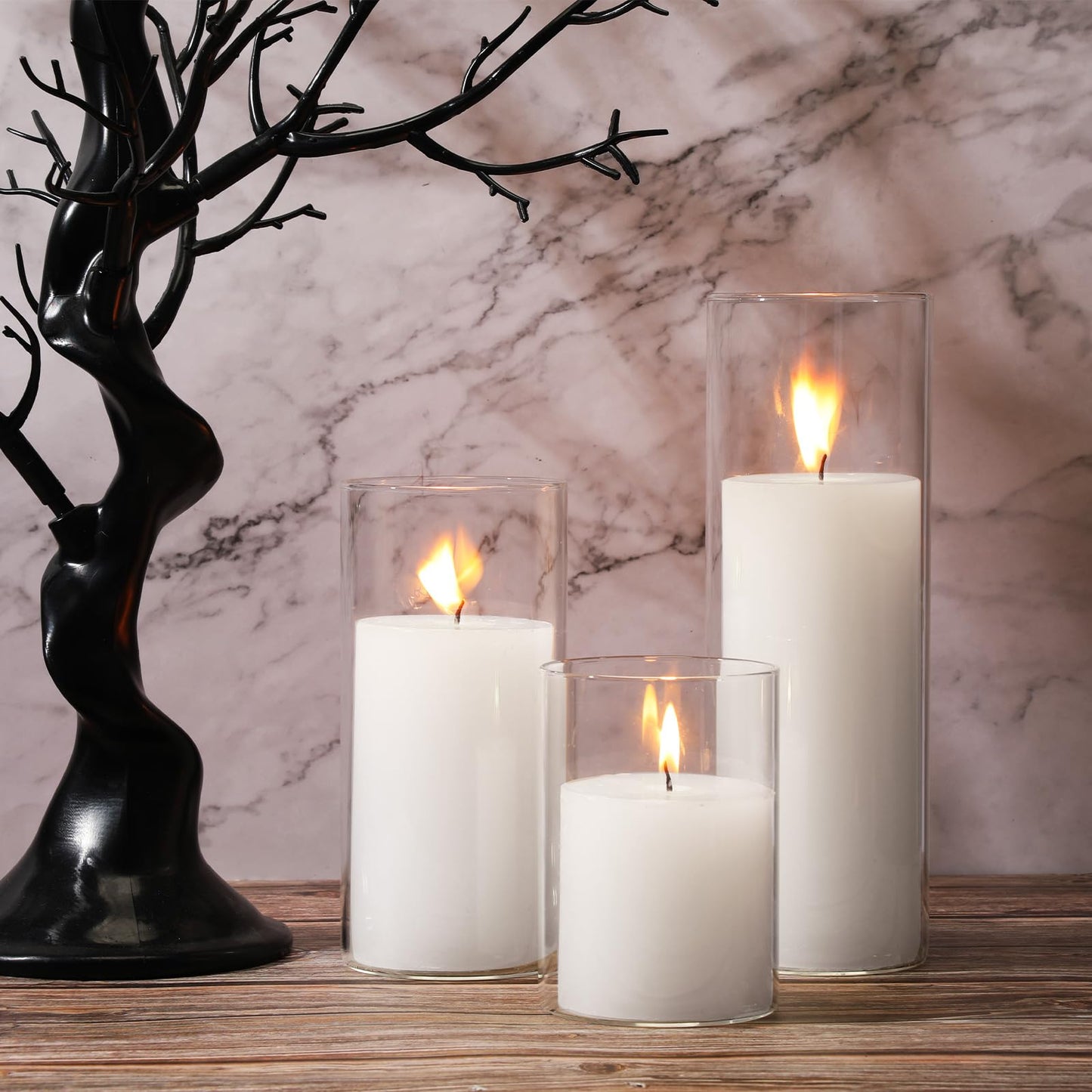 Shihanee Set of 3 Pillar Candles and 3 Glass Cylinder Candle Vases Holders Clear Pillar Jars for Wedding Centerpieces(3'' x 5.9'', 7.9'', 9.8'',White)