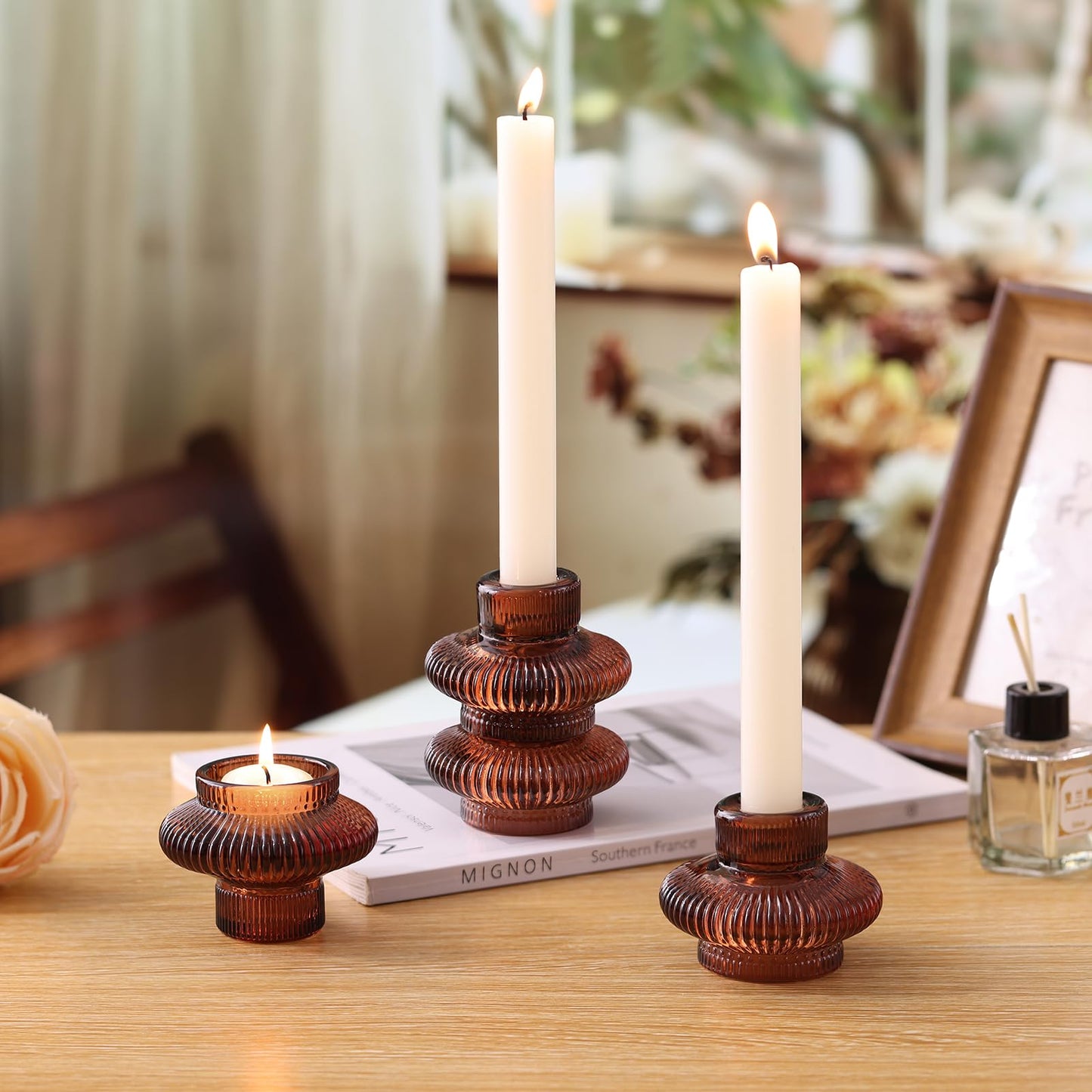 Candle Stick Candle Holder Set of 8, Taper Candle Holders for Wedding Table Centerpiece, Ribbed Glass Votive Candle Holders for Christmas, Romantic Dinner, Festival & Windowsill Decor