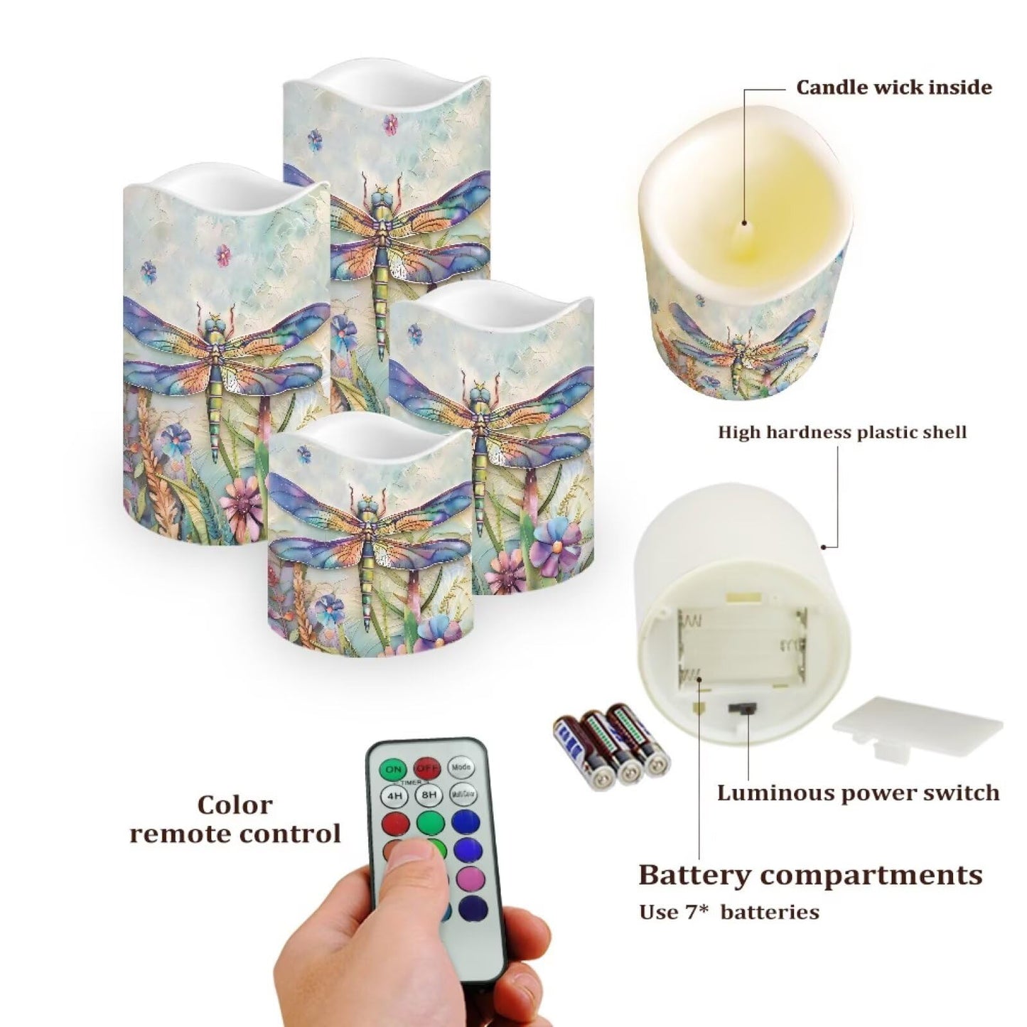 Cozeyat Dragonfly LED Candles Set of 4 Battery Powered Flameless with Remote Timer Flickering Waterproof for Indoor Outdoor Garden Table Beach Decor