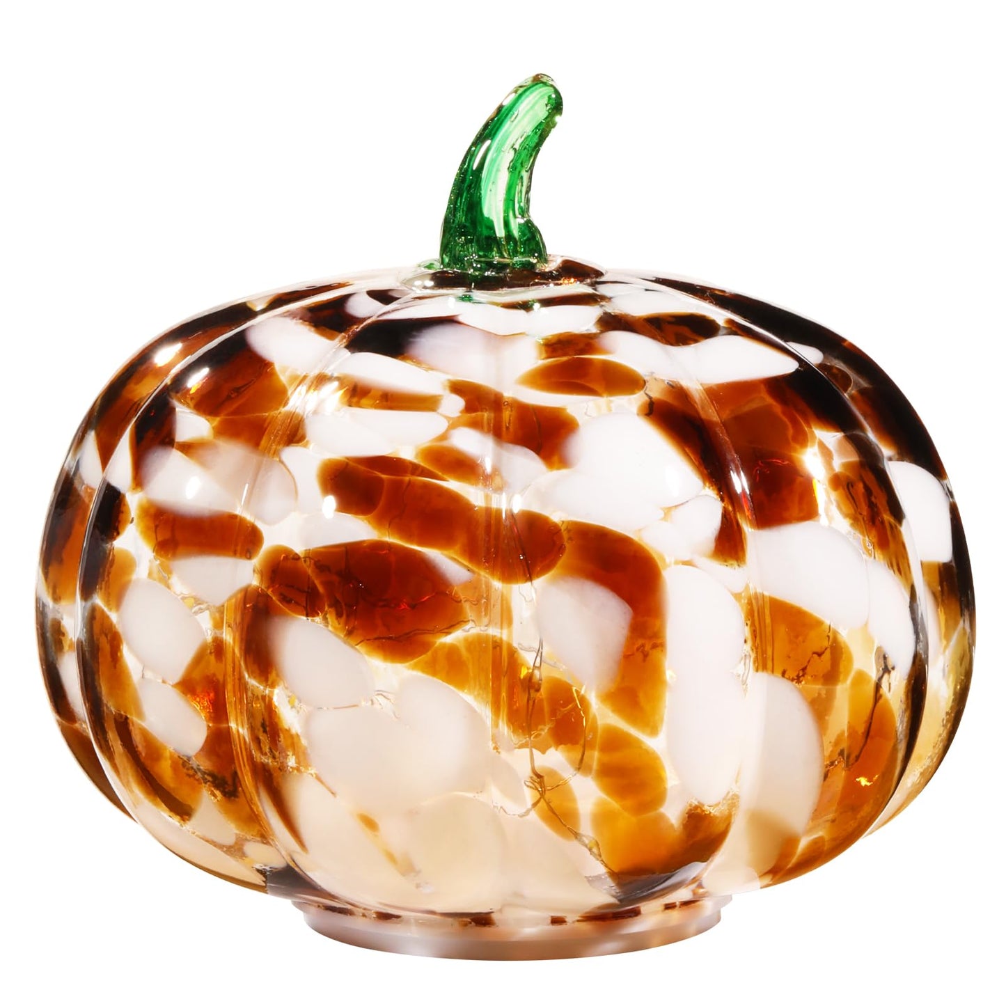 Naboher Handcrafted Glass Pumpkin with Warm LED Lights - Halloween & Thanksgiving Decor, Gift-Worthy Fall Home Decoration, 5.9-Inch Light-Up Tabletop Centerpiece (Green Leaf Coffee and Purple)