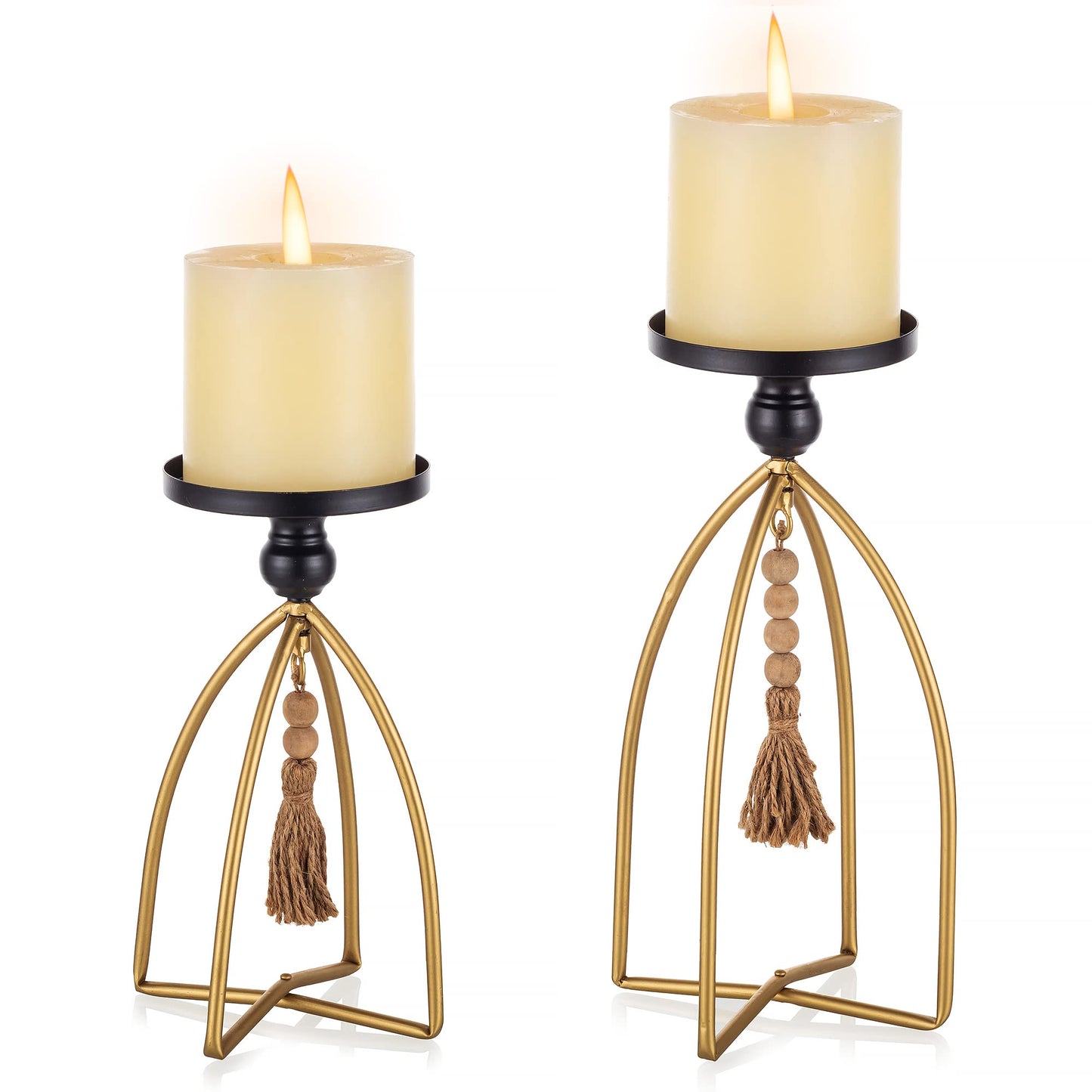 Romadedi Candle Holder Boho Decor - Set of 2 Metal Pillar Candle Stand with Beads for Living Room Mantle Shelf Farmhouse Table Centerpiece for Rustic Chic Home Decoration