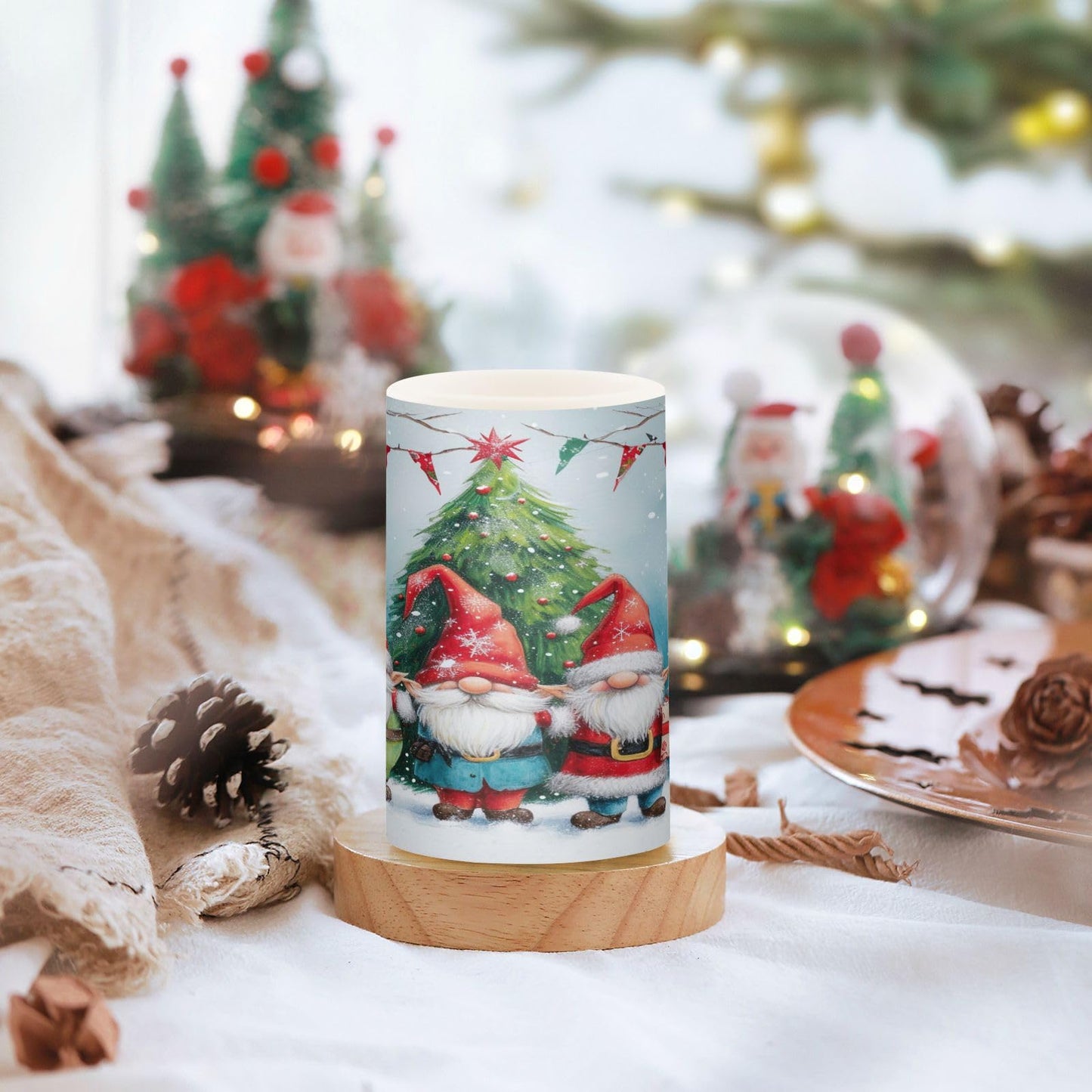ALAZA Christmas Tree Winter Gnomes Flickering Flameless Candles Battery Operated with Remote Timer,Tea Light Candles LED Pillar Votive Candles Set of 2 for Outdoor Indoor Decorations