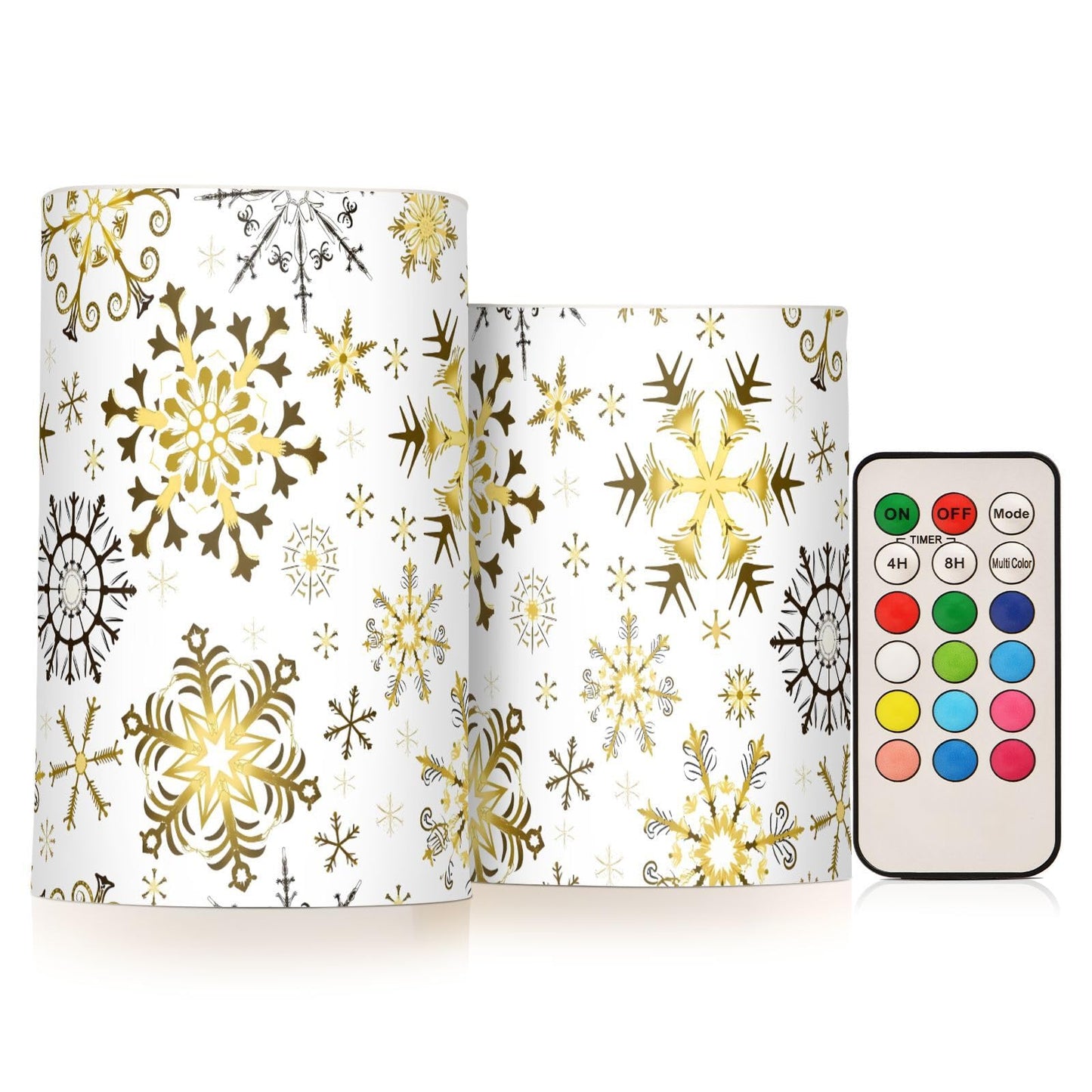 Christmas Lights Decorations Flameless Candles Golden Snowflake White Pillar Candles Set of 2 Battery Operated Remote Control Warm Lights