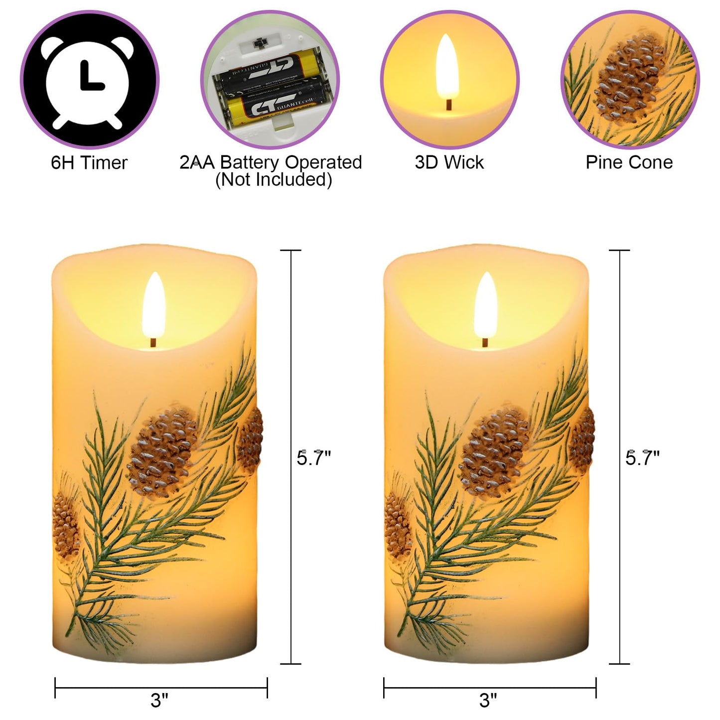 Lasumora Pinecone LED Candles with 6H Timer, flameless Candles with Flickering Flame, Waxy Pillar 2 Pack Flickering Acorn Decor Woodsy for Fall Christmas Decor (3 inches x 5.7 inches)
