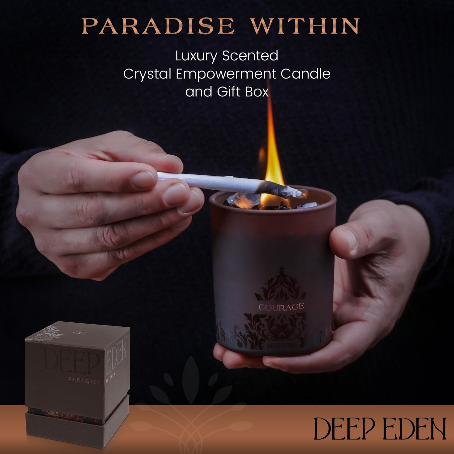 Forest Mahogany Scented Crystal Candle - Luxury Empowerment Candle with Black Tourmaline Crystals - 7.4oz Natural Soy, Coconut & Beeswax Wood Wick Candles for Men