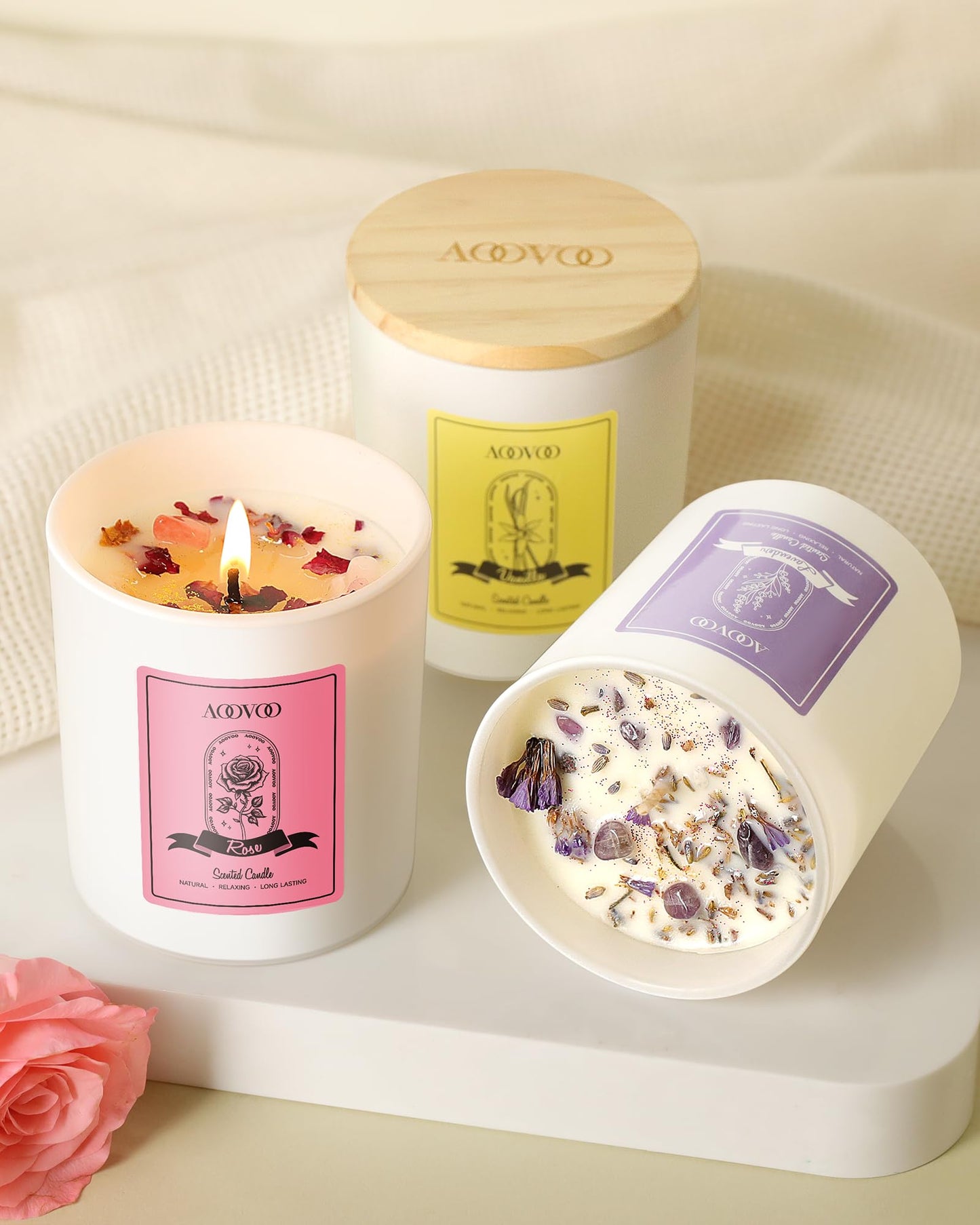 AOOVOO Rose/Vanilla/Eucalyptus/Lavender Scented Candles for Women - Aromatherapy Candle with Crystals Inside, 40oz Soy Candles for Home Scented, Birthday Gifts Mothers Day Candle for Women Mom