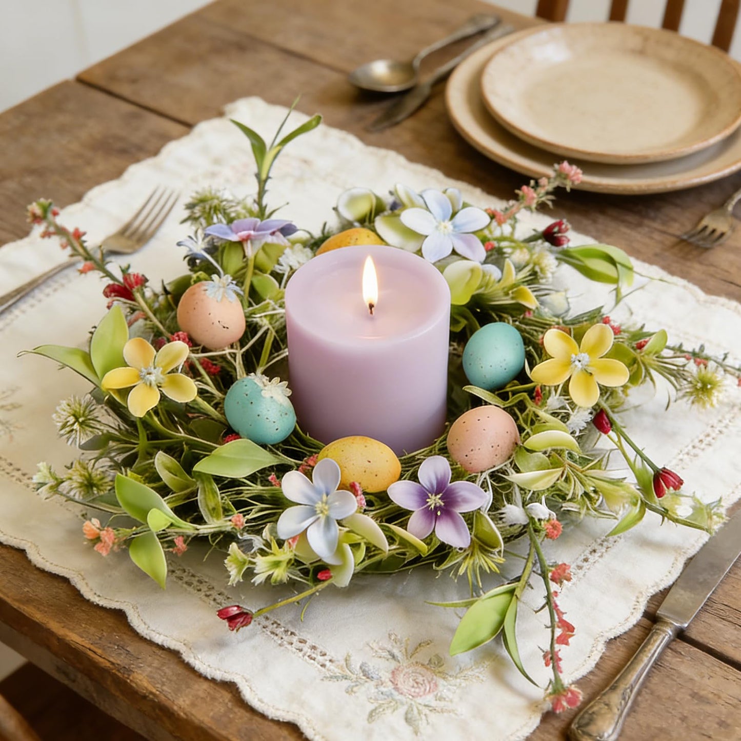 6 Pcs Easter Small Candle Rings Wreaths Mini Pillar Candle Holder Wreath with Eggs and Flowers Artificial Spring Pink Wreath for Home Kitchen Front Door Window Porch Wall Table Cnterpieces