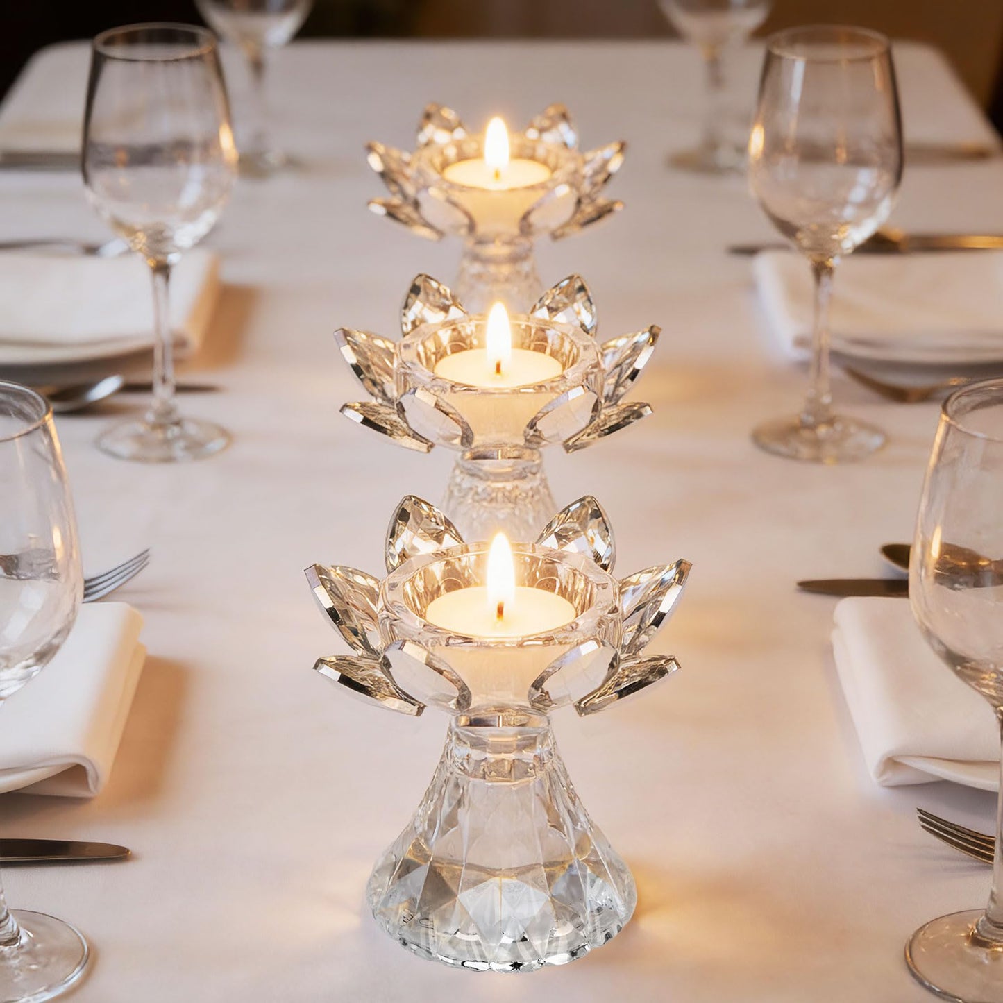 Awexilup 1 PC Silver Crystal Flower Tea Light Holder, Glass Lotus Tealight Candlestick, Votive Candle for Table Centerpiece, Wedding Party Decor, Nice Gift