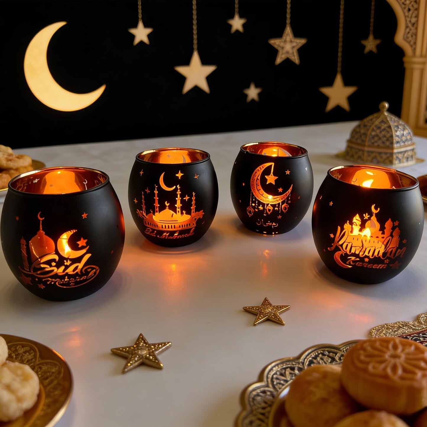 Eid Mubarak Glass Tea Light Candle Holders, Votive Tealight Holder Table, Centerpiece Decorations for Muslim Party Decor (Ramadan)