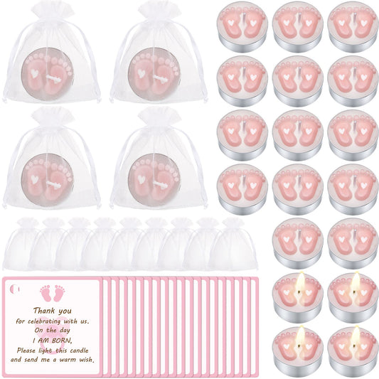 Treela 20 Sets Baby Shower Party Favors Pink Tea Lights Candles with Organza Bag for Guests Cute Feet Shaped Burning Thank You Tags Return Gifts Keepsakes for Baby Shower Gender Reveal Party