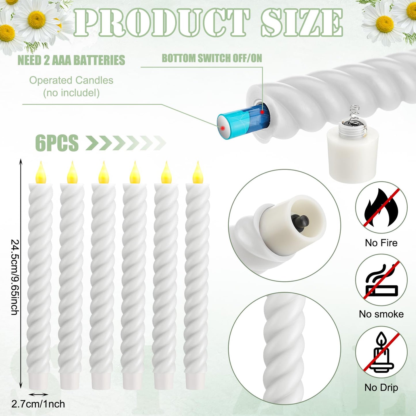 Baquler 6 Pcs White Flameless Taper Candle Twisted LED 9.65 Inch Spiral Taper Candles Battery Operated Twisted Candlesticks for Spring Wedding Birthday Home Party Holiday Dinner Fireplace