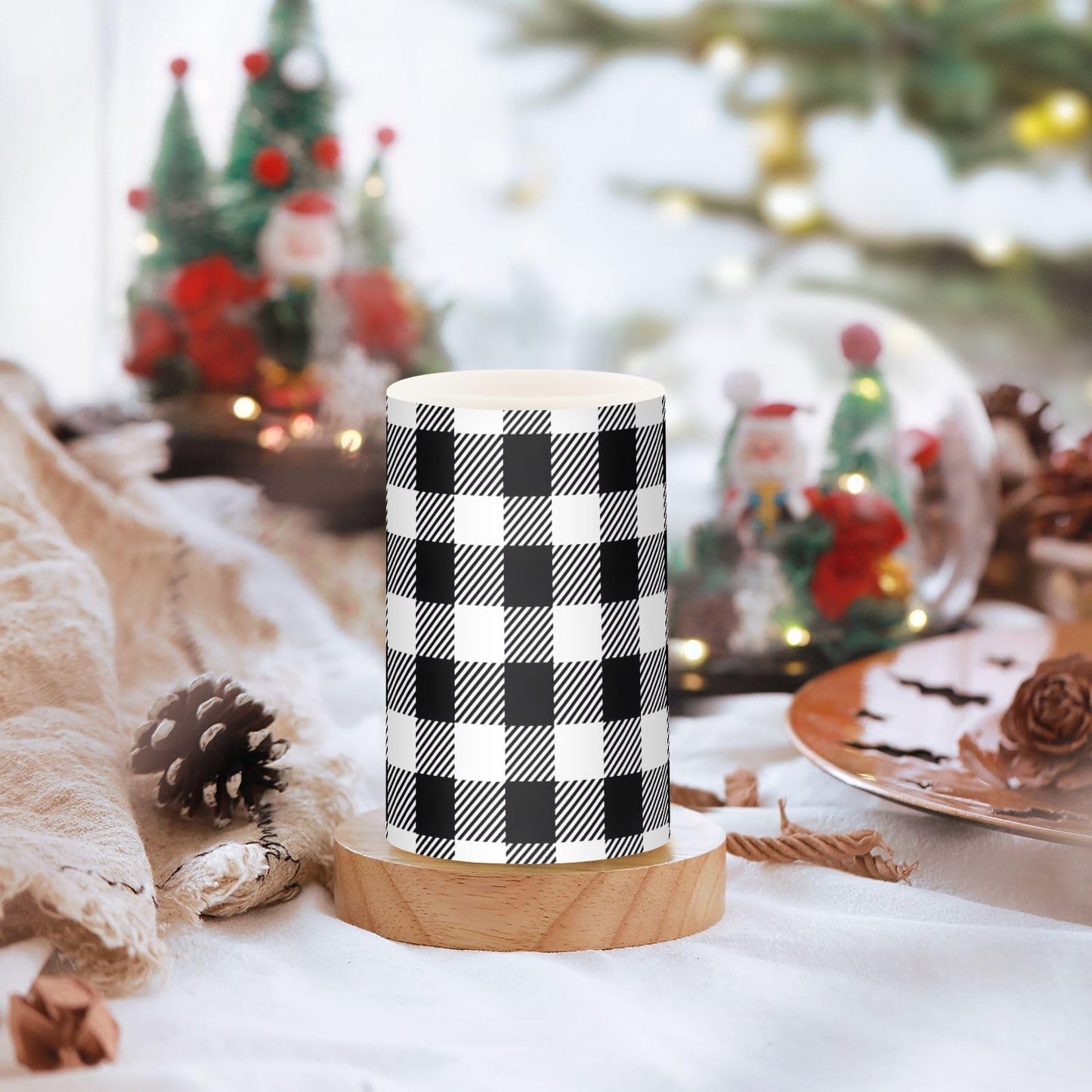 BOENLE Flickering Flameless Candles, Black White Buffalo Plaid LED Candles with Remote Timer, Set of 2 Battery Operated Candle for Valentine Wedding Birthday