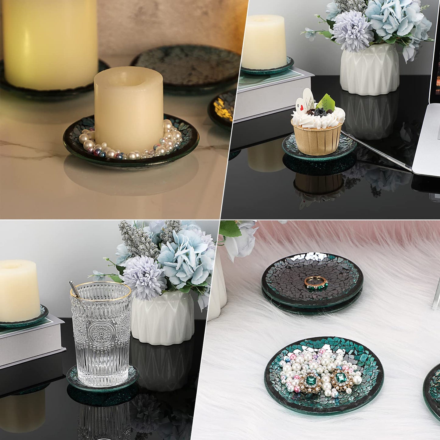 OwnMy 4PCS Mosaic Glass Candle Plates and Trays 4 Inch Pillar Candle Stands, Glass Mosaic Coasters Decorative Candle Holder Bases for Wedding Table Centerpiececs, Blue