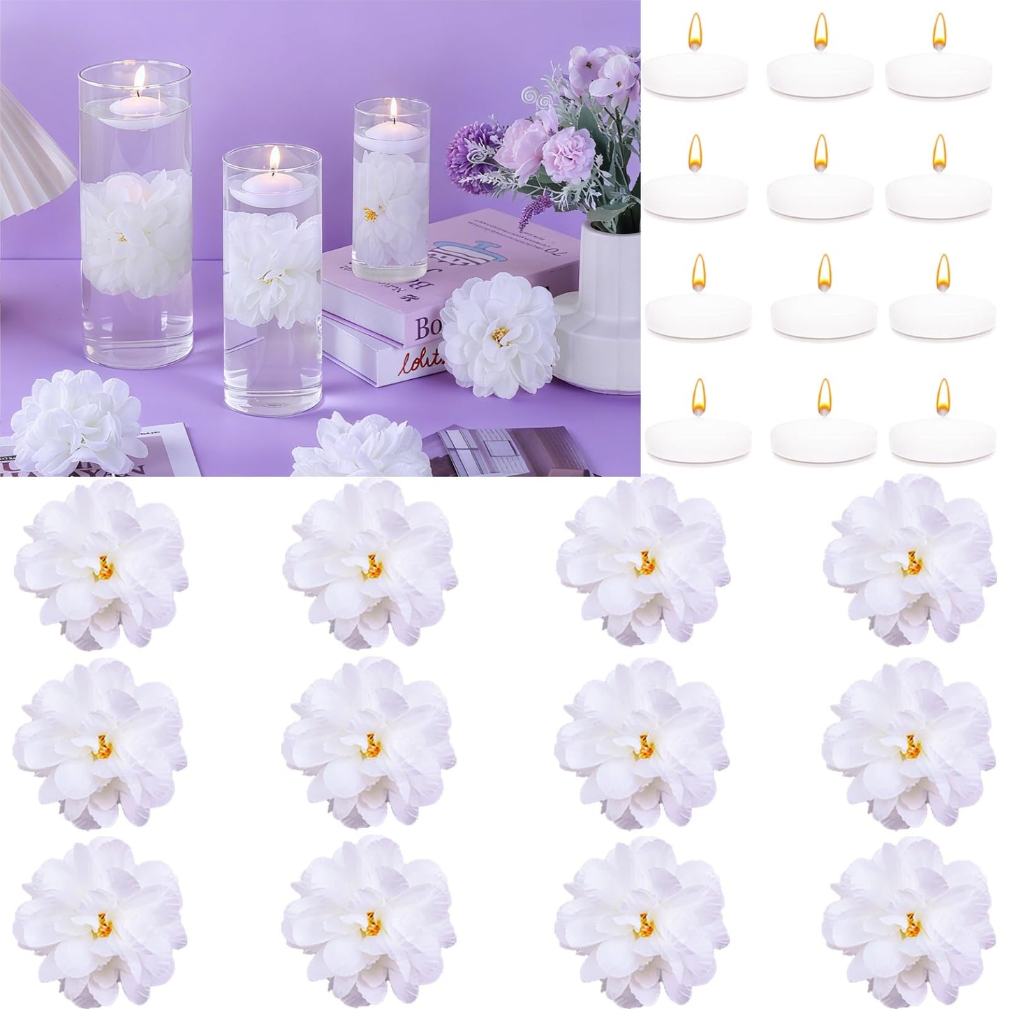 ZJGXH 24 Pcs Floating Candles for Centerpieces and Floating Flowers Vase Fillers for Centerpieces White Artificial Flowers for Wedding Table Party Home Decoration