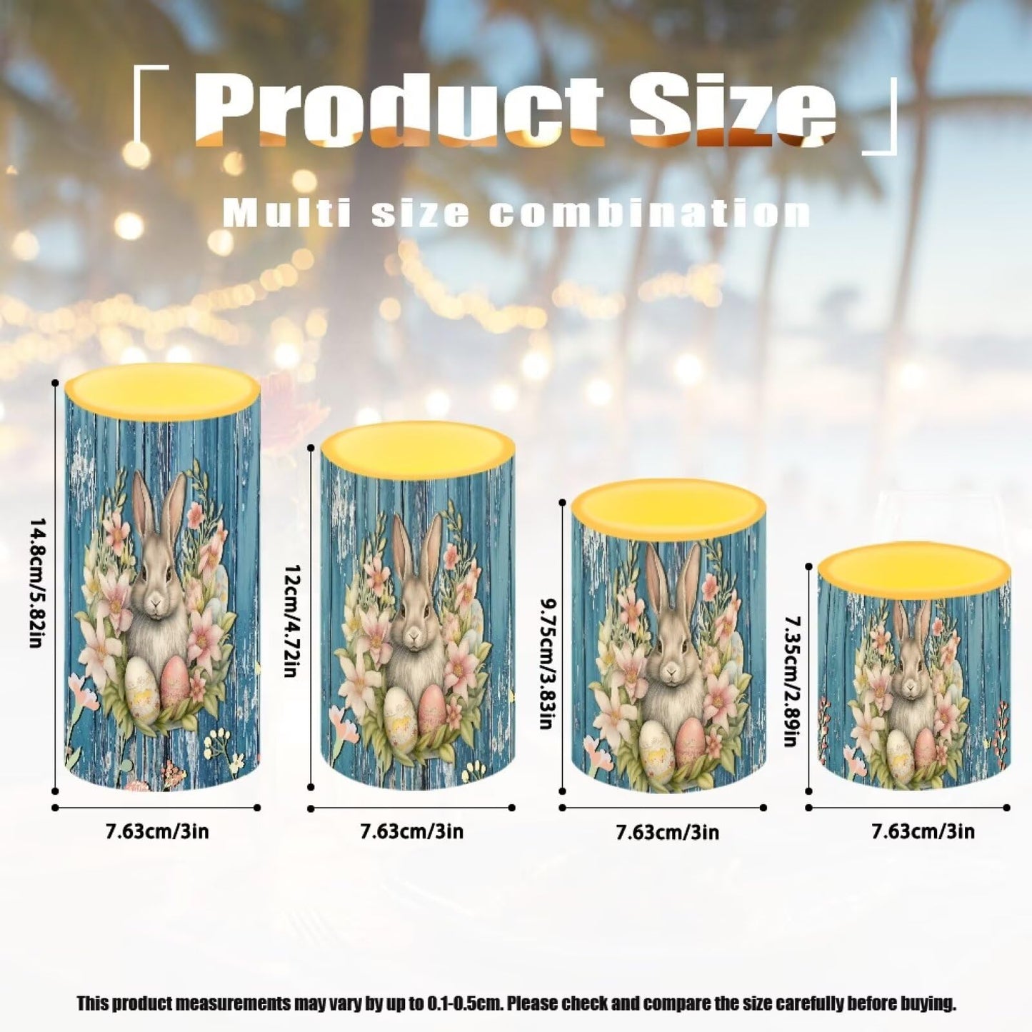NEITLGEN Easter Decorative Flameless Candles with Timer Remote, Flickering Battery Operated LED Pillar Candles Set of 4 Floral Bunny Blue Wood Grain