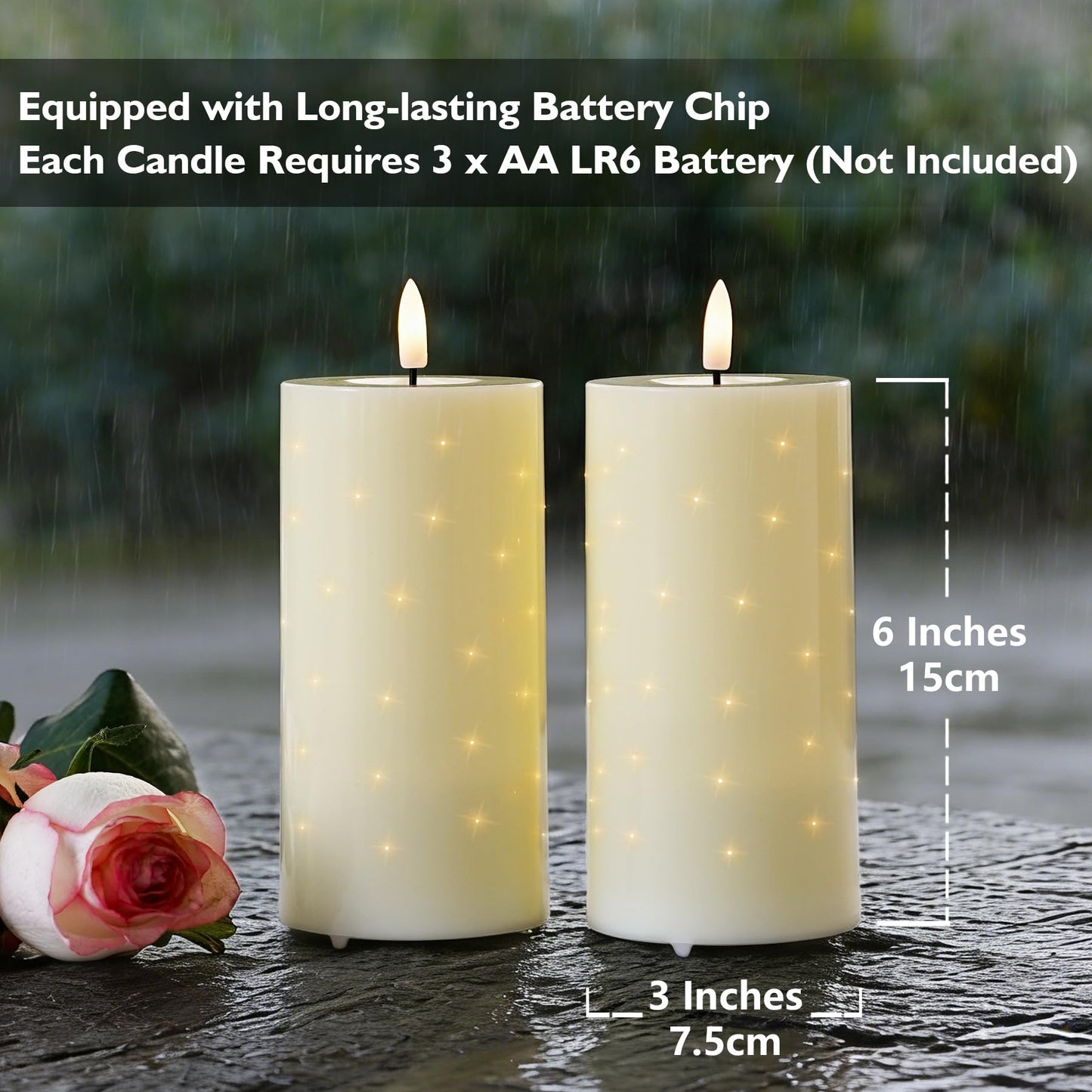 Rhytsing 6 Inches Water-Resistant LED Candles with Twinkle Fiber Optic Lights and Remote, Outdoor Battery Operated Candles for Garden, Bathroom and Patio - Set of 2