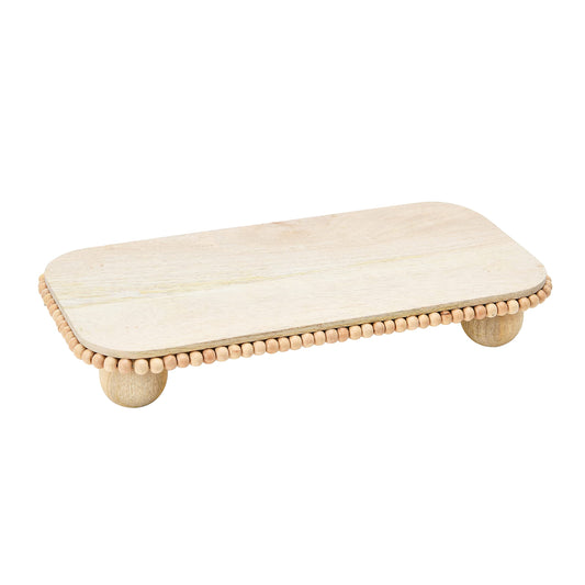 Mango Wood Pedestal with Wood Beads; Modern Footed Serving Tray/Decorative Wood Pedestal for Dessert Table, Natural Colored
