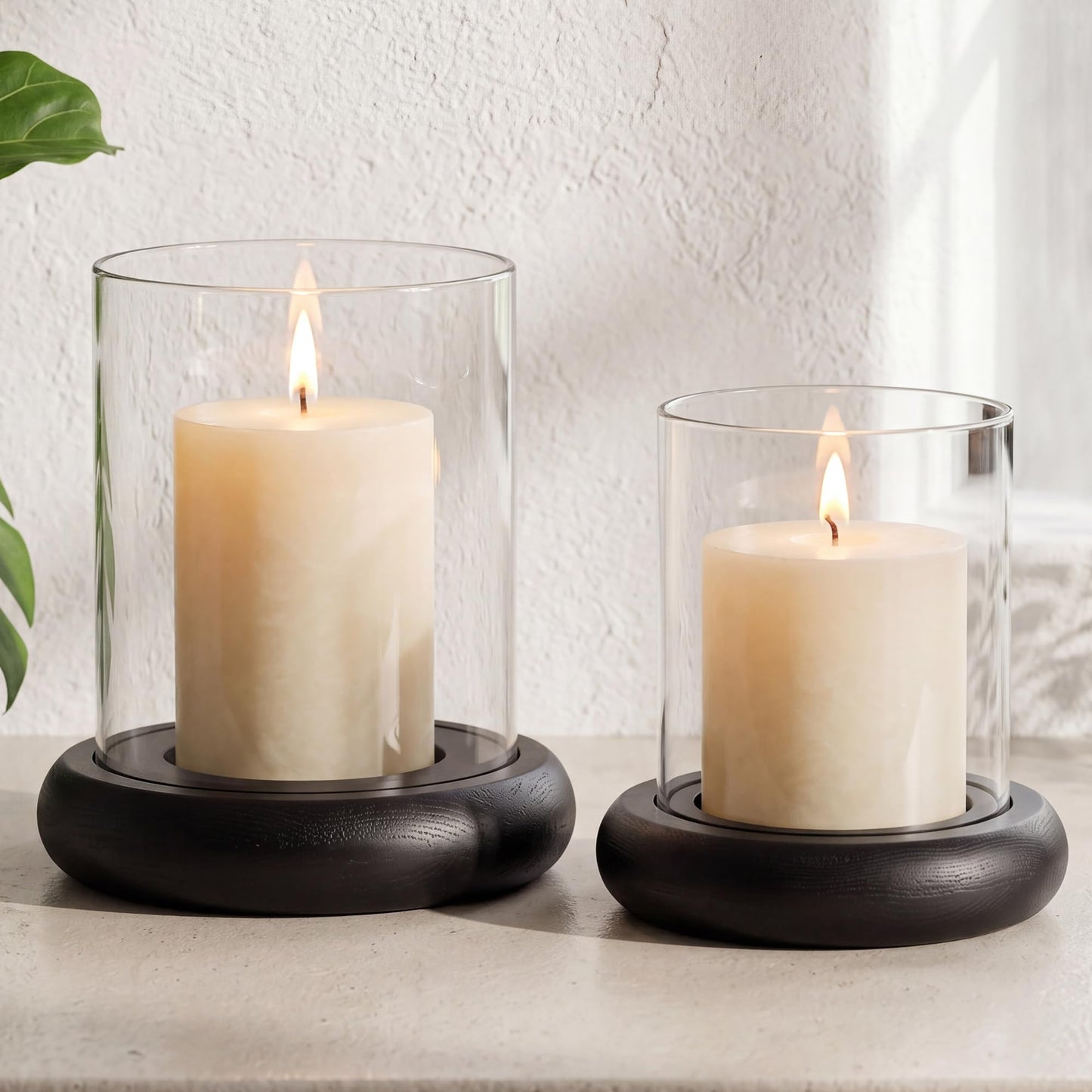 Set of 2 Black Hurricane Candle Holders with Wood Base, Modern Windproof Glass Cylinder Lantern, Farmhouse Pillar Candle Holder Decor for Table Centerpieces, Living Room, Patio & Kitchen Dining