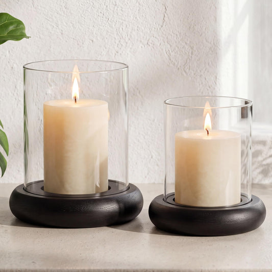 Set of 2 Black Hurricane Candle Holders with Wood Base, Modern Windproof Glass Cylinder Lantern, Farmhouse Pillar Candle Holder Decor for Table Centerpieces, Living Room, Patio & Kitchen Dining