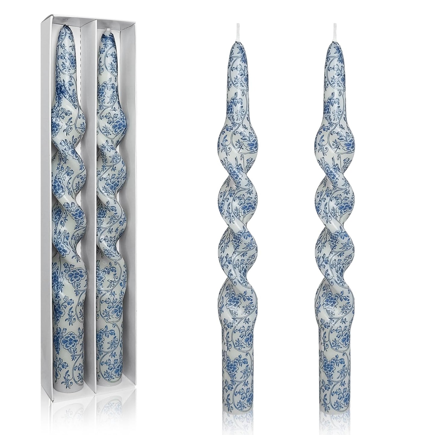 Unscented Floral Taper Candle Spiral Candlesticks - Set of 2 Handmade Blue Flower Twisted Candle 10 Inch Long Print Tapered Candles for Home Wedding Dinner Gifts