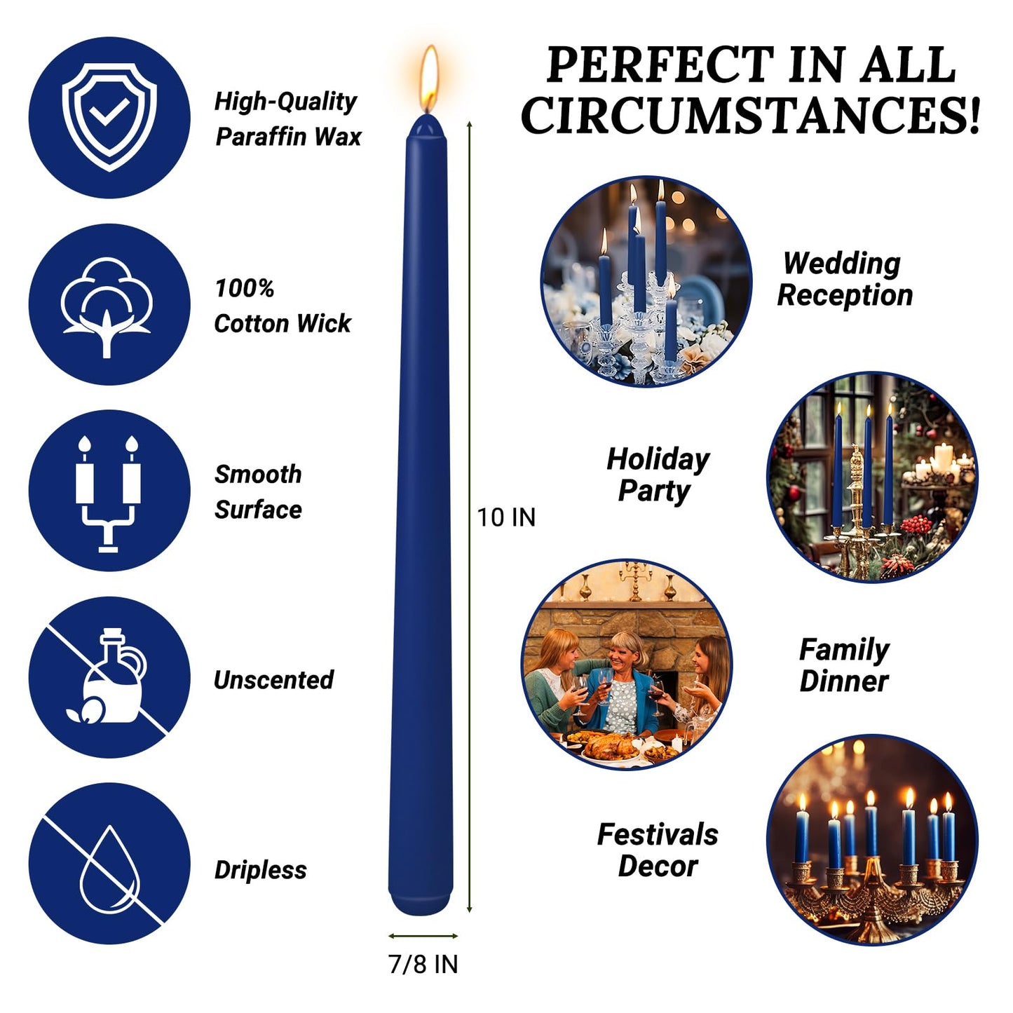 10 Inch Navy-Blue Taper Candles for Religious and Spiritual Settings, 10 Pack Unscented Candlesticks for Holiday, Seasonal Celebration and Home Decoration