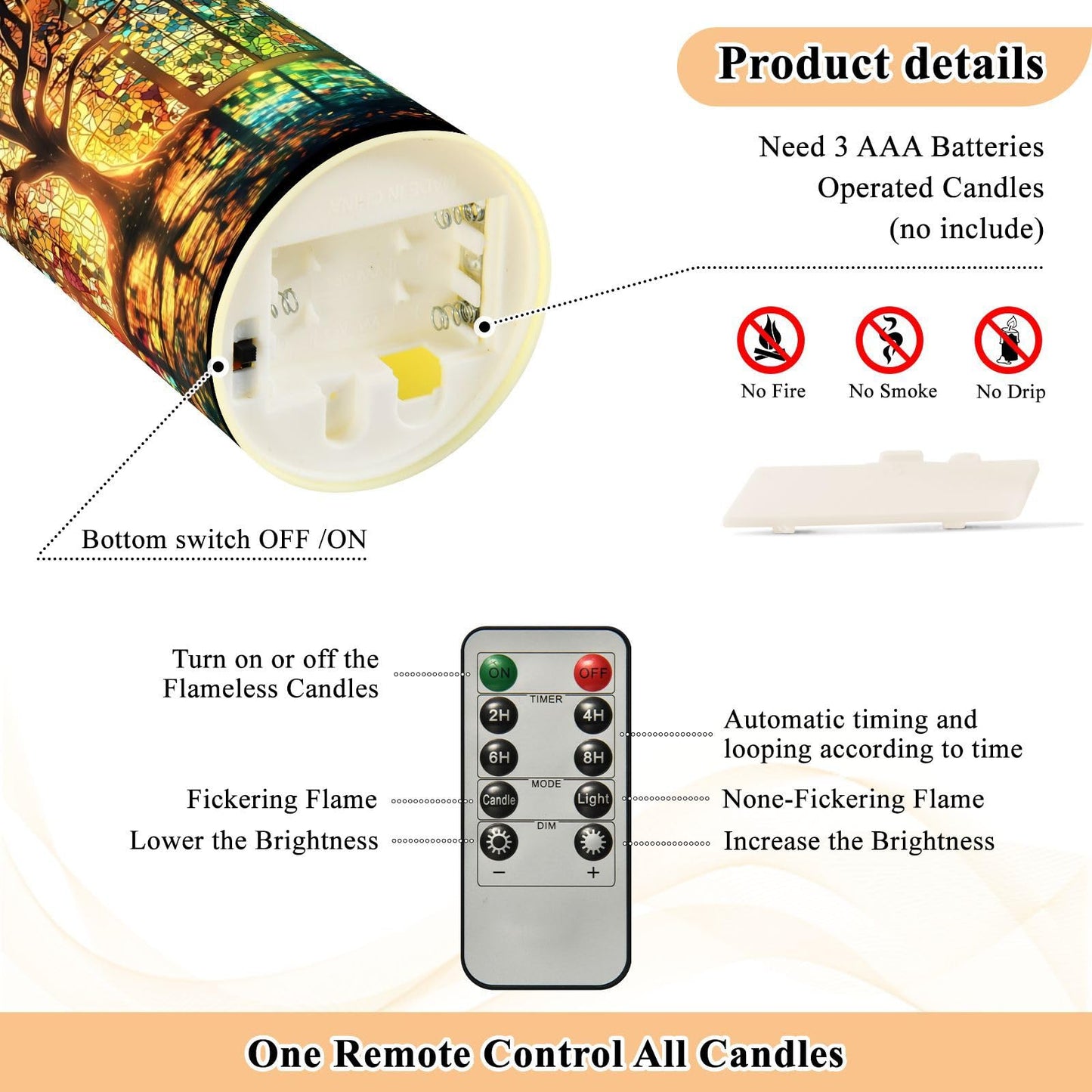 ZRYSMY Stain Glass Tree Flameless LED Candles with Remote and Timer - 5.9”x3”, 2 Pack, Battery-Operated Flickering Pillar Candles for Home Decor