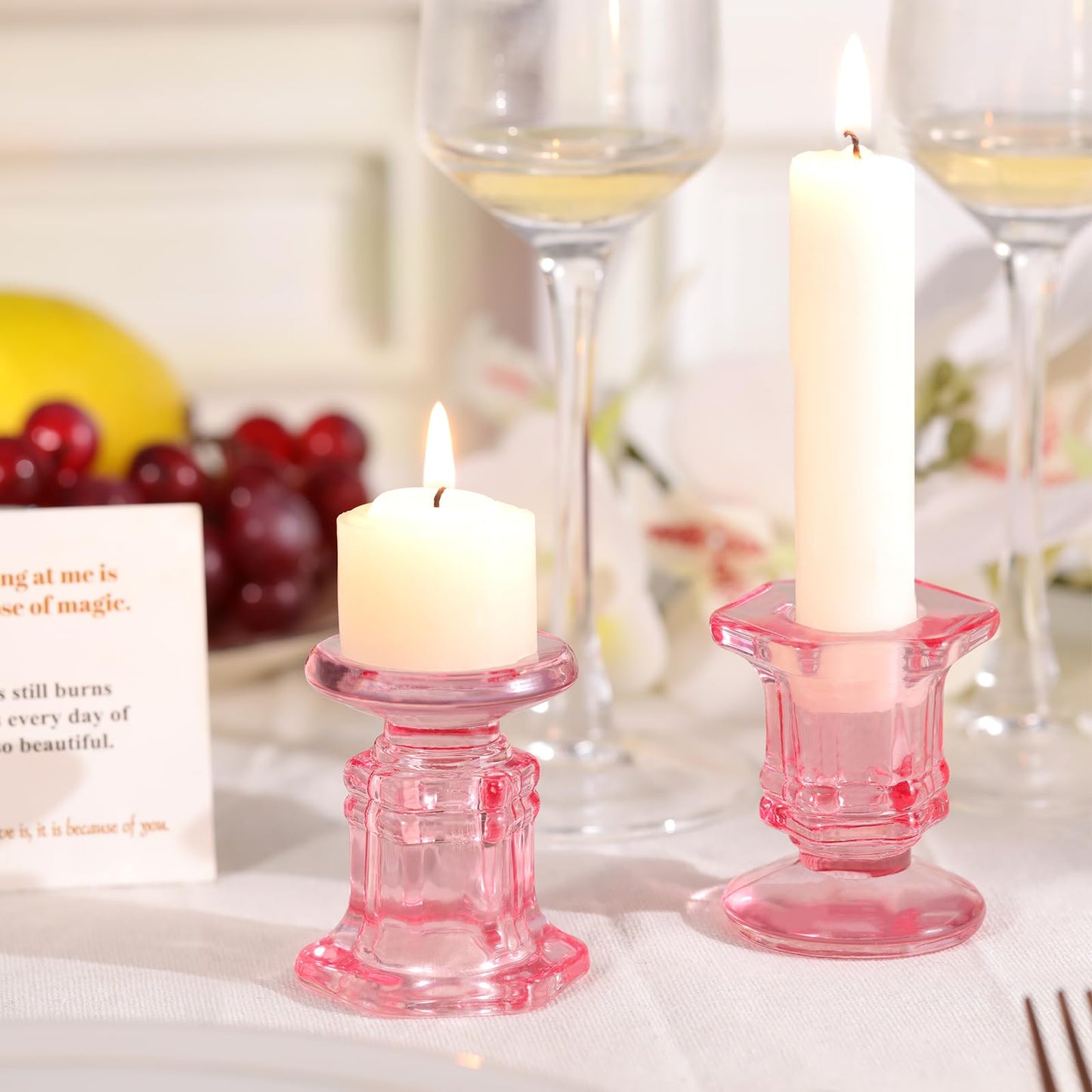 Lanttu 12 Pcs Pink Candlestick Holders Bulk, Glass Candle Holders Set, Crystal Taper Candle Holder for Wedding, Table Centerpiece, Home Decoration