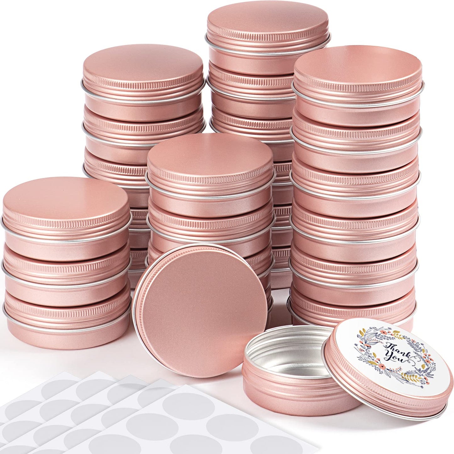 Patelai 2 oz Rose Gold Metal Round Tins Aluminum Tin Cans Salve Tins Containers with Screw Lid 10 Sheets Stickers for Salve Spice Candies Balms Candles, 36 Pack (Classic Style)
