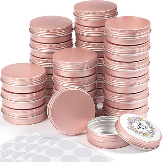 Patelai 2 oz Rose Gold Metal Round Tins Aluminum Tin Cans Salve Tins Containers with Screw Lid 10 Sheets Stickers for Salve Spice Candies Balms Candles, 36 Pack (Classic Style)