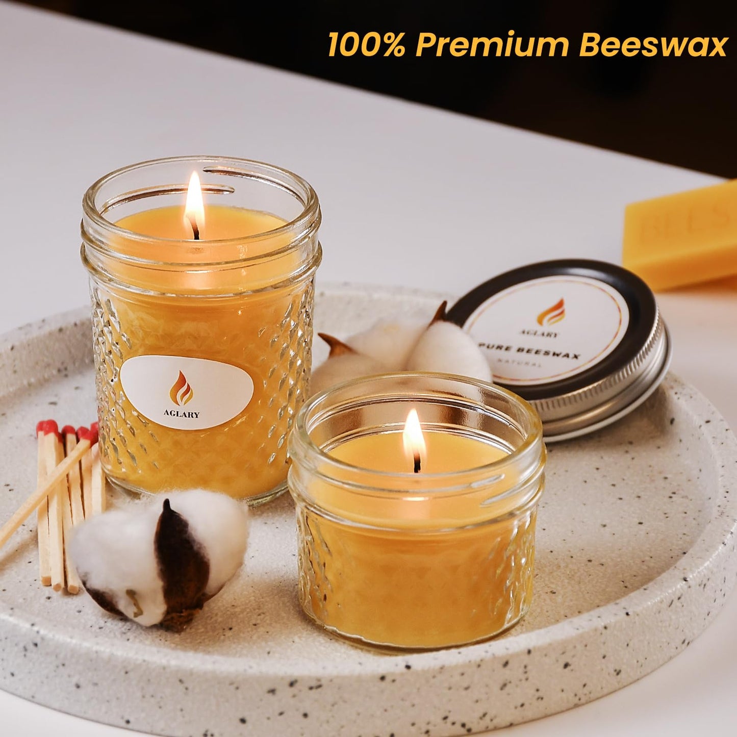 AGLARY 3PCS Beeswax Candle in Glass, 3oz,Over 21H Burn Time, Elegant and Natural Home Lighting,Unscented Beeswax-Raw