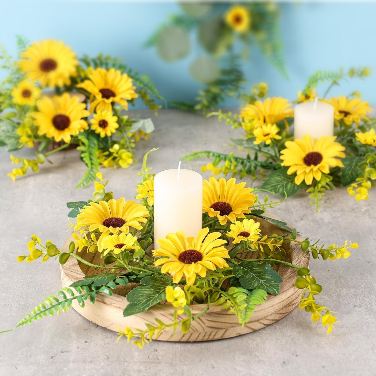 6Pcs Sunflower Wreath for Front Door Artificial Sunflower Spring Summer Table Centerpieces Wreath Fake Yellow Floral Candle Rings Wreaths for Pillars Cabinets Wedding Table Home Décor