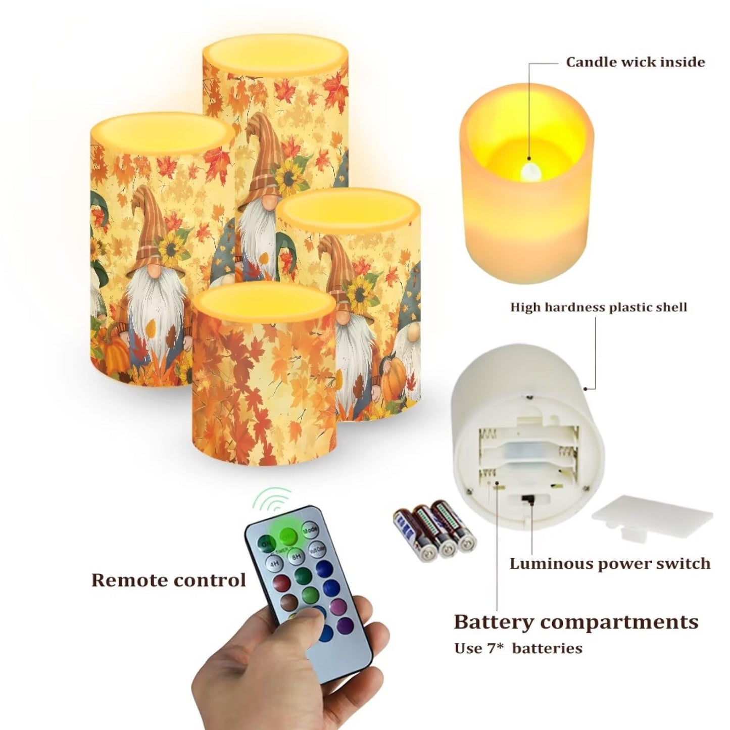 NETILGEN Thanksgiving Day Decor Flameless Candles Set of 4, Battery Powered with Timer Remote LED Pillar Candles Maple Leaf Gnome Print