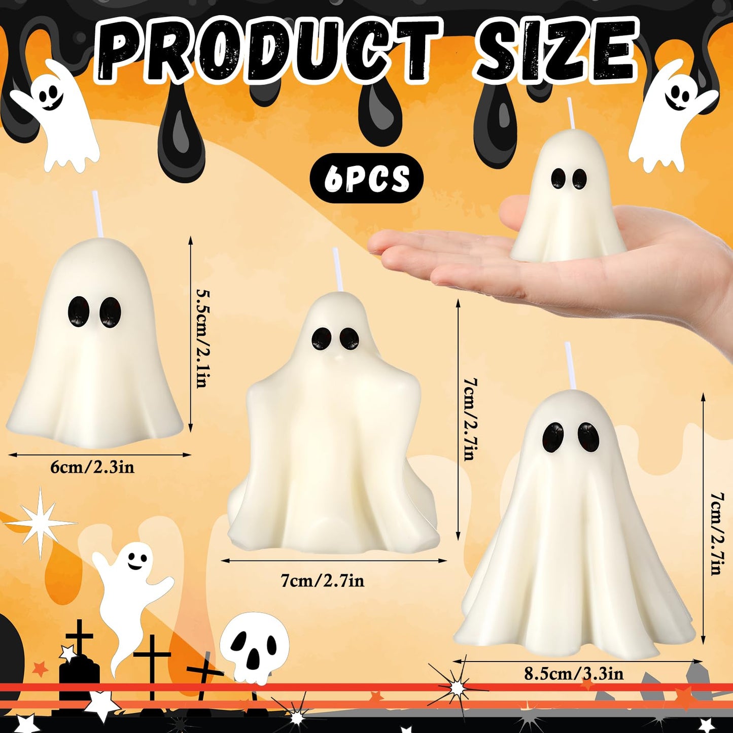 Conelist 6 Pieces Halloween Large Ghost Candles White Spooky Scented Halloween Candles Horror Gifts Candle Tea Lights Goth Room Decor for Summer Dining Table Party Bedroom(Classic Style,White)