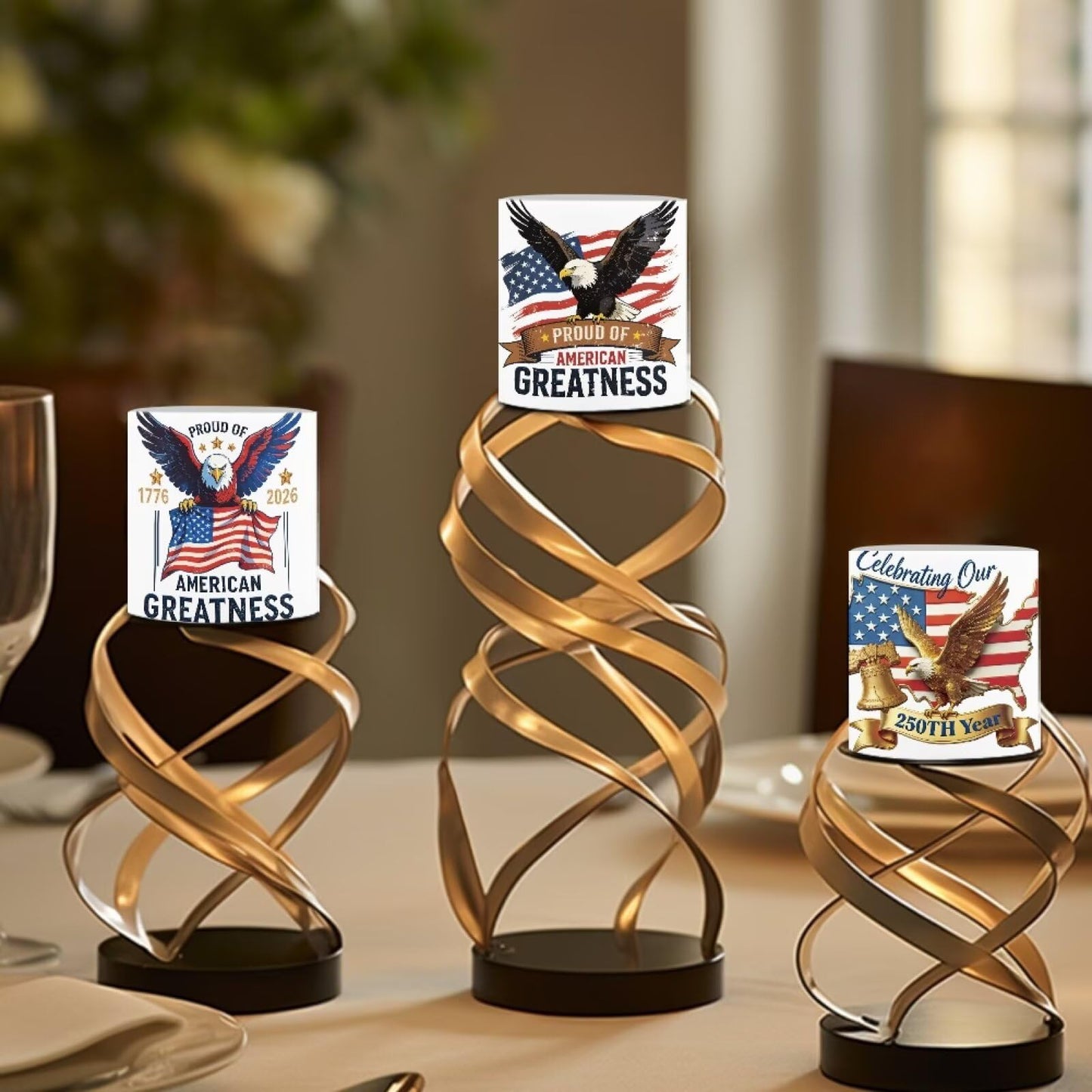 NETILGEN 3 inch Flameless LED Candles for July 4th Independence Day Decor Set of 4 Timer Remote Flickering Flameless Candles with Battery Operated American Flag Eagle 250th Anniversary
