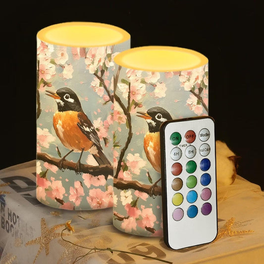 Luarisgur Robin Flower Flameless Candles 2 Pack 6 x 3 inch Battery Operated Candles with Multicolor Timer Remote Control LED Fake Candles for Warm Light Dinner Table Home Decor