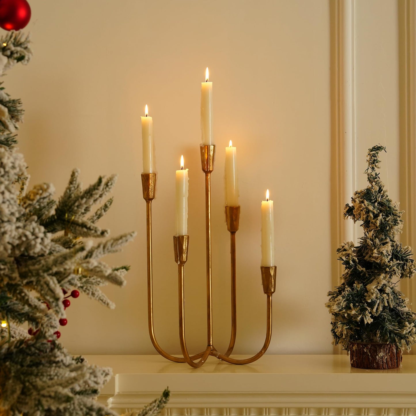 Cast Iron Candelabra 5-Taper Candle Holders, Golden Metal Candlestick Holders Tabletop Candles Stand, Decorative Table Centerpieces Mantel Decor, Antique Brass