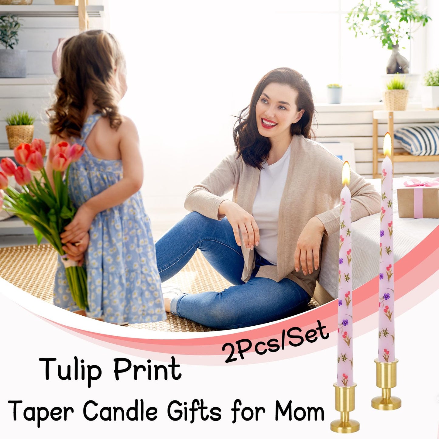FYBW 10 Inch Purple Taper Candles Set of 2 Unscented Smokeless Tall Print Tapered Candles with Tulip Flowers for Mother's Day, Weddings Holiday Parties
