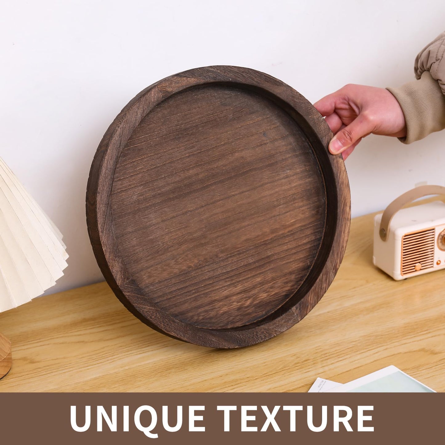 Rustic Wooden Serving Tray – Handcrafted Round Farmhouse Tray, Lightweight Paulownia Wood Decorative Tray for Coffee Table, Candle Holder, Breakfast in Bed, and Multi-Purpose Home Decor
