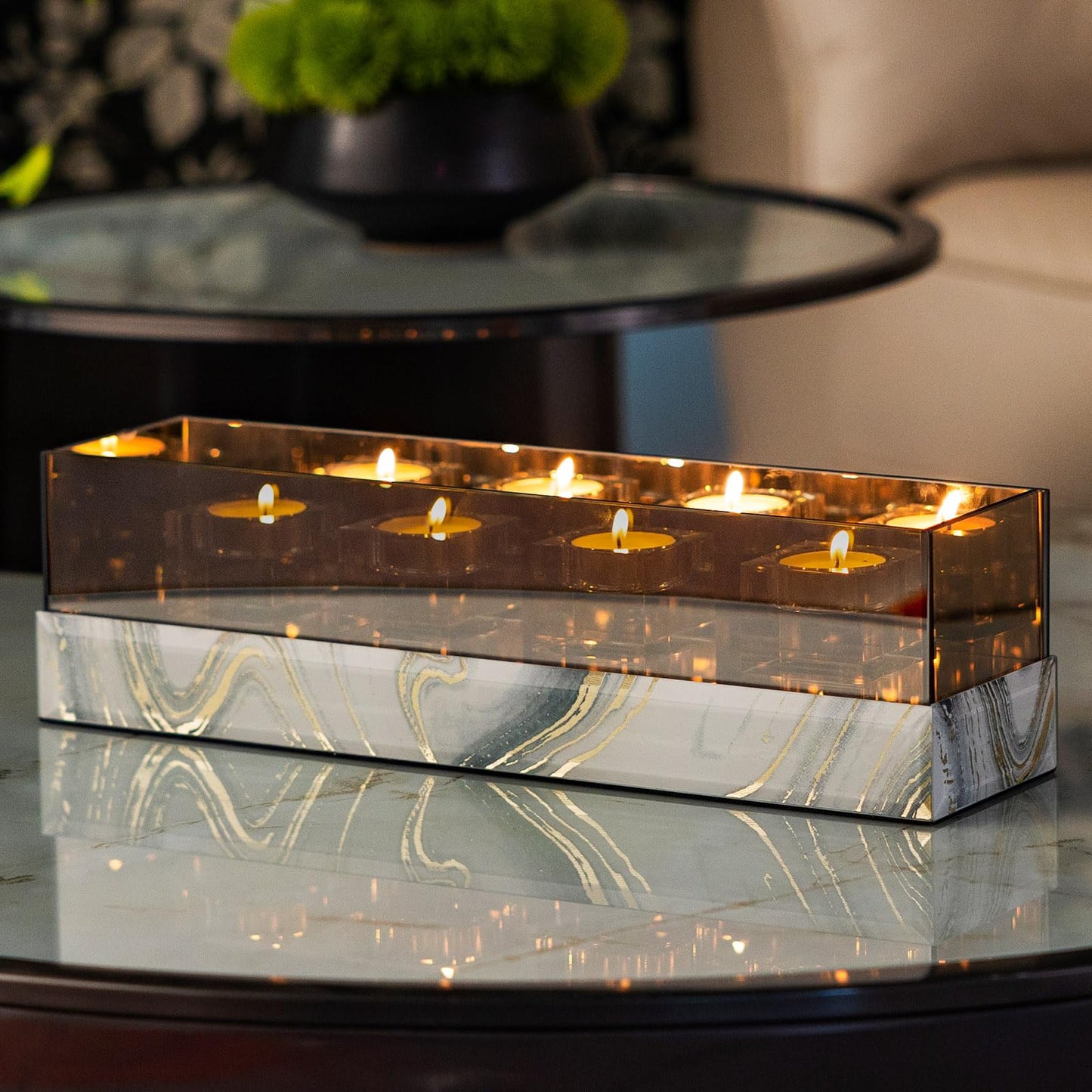 Crystal Glass Candle Holder Rectangular 4 Candle Seat with Marble Pattern-Tealight and Votive Candles Holders Centerpiece Table Decorations for Home Décor, Dining Room, Kitchen, Patio (White)