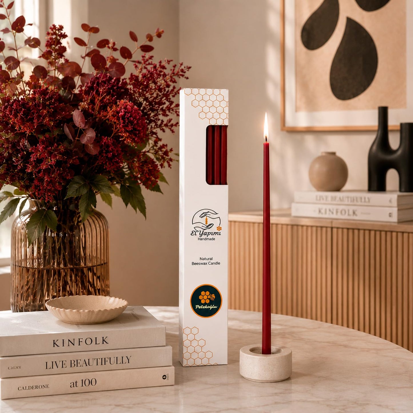 Petekoğlu 15-Pack Beeswax Wish Candles – Handcrafted, Drip-Free, Smoke-Free Slim Taper Candles for Rituals, Meditation, Birthday & Home Décor – Natural Honey Scent 7.87” x 0.24” (Burgundy)