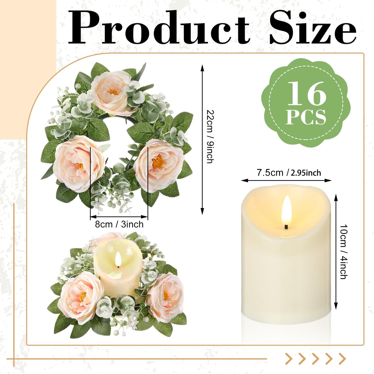 Yunlly 16 Set Rose Candle Rings Wreaths 3 Inch Center with Flameless LED Candles Artificial Rose Light Garland Fake Electric Votive Tealights Bulk Funeral Wedding Table Centerpieces Decor(Champagne)