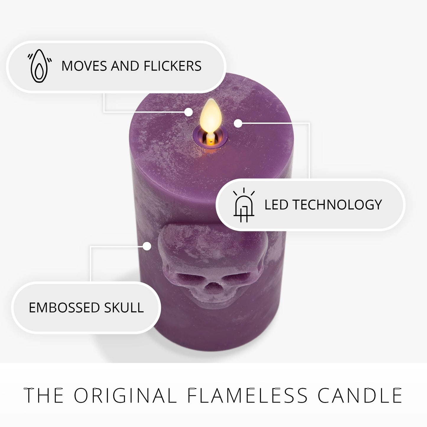 Luminara Chalky Skull LED Candle, Imperial Purple, Moving Flame, Gothic Halloween Decor, Battery Operated Flameless Unscented Wax Timer Indoor