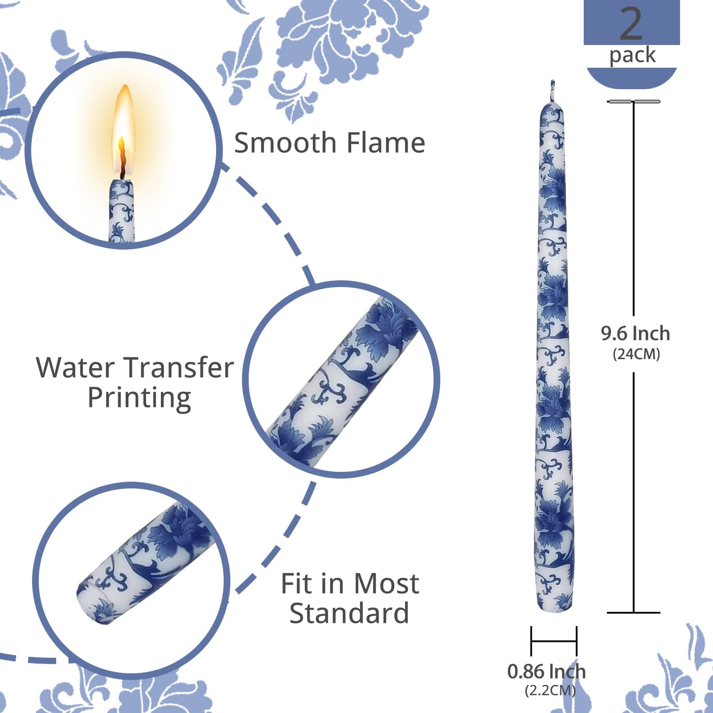 NJAO HOO Candlesticks 10 in Straight Taper Candles Hand Printed Blue and White Candlesticks Unscented Tall Tapered Candle Sticks for Home Garden Decor