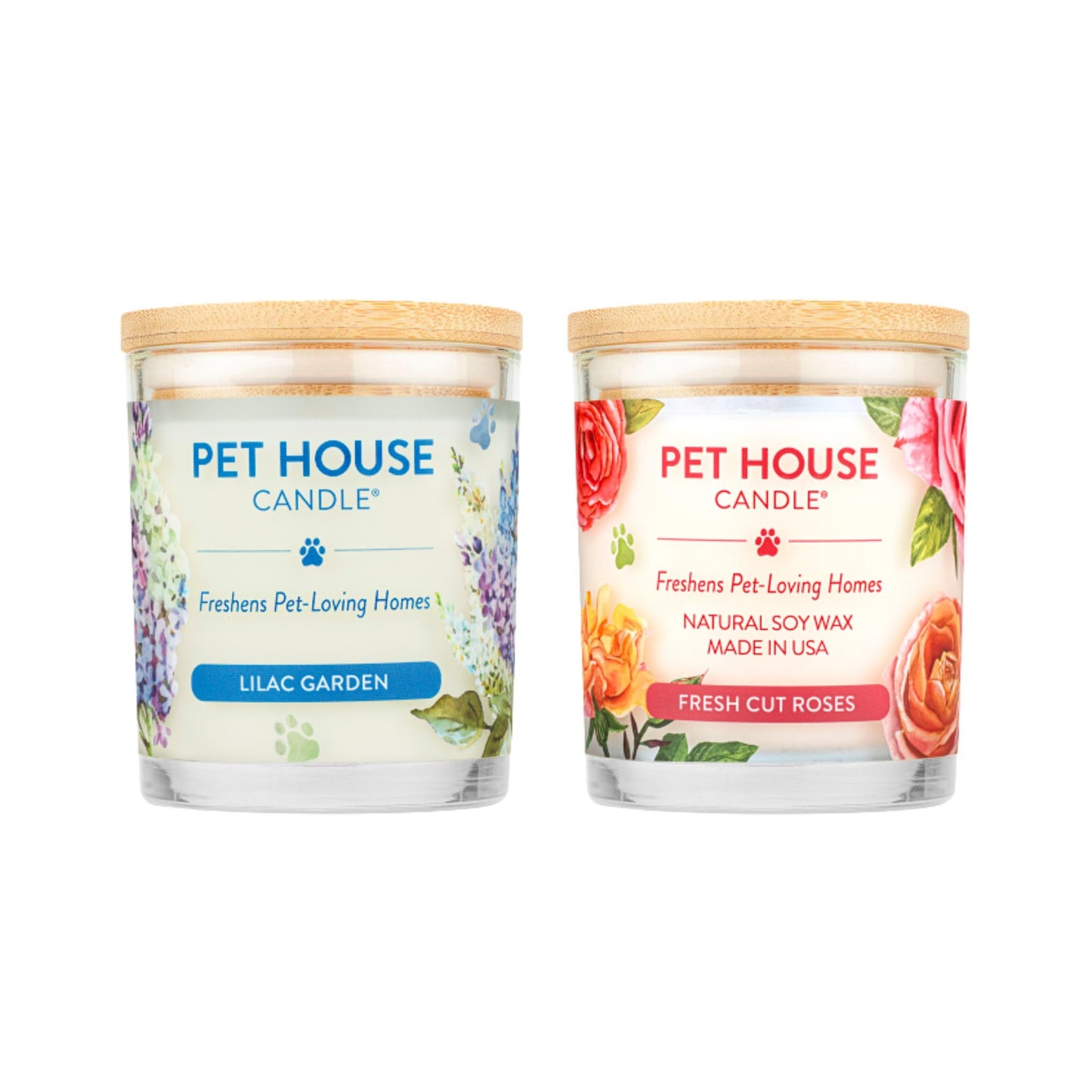 Pet House Candles, Long Burning Scented Candles for Home, Plant-Based, 60 Hour Burn Time - Lilac Garden and Fresh Cut Roses, 9 oz, 2 Pack